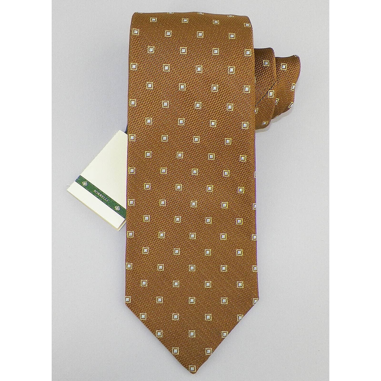 LUIGI BORRELLI Mens Ochre Blue Yellow SQUARES Woven Silk Tie Italy NWT