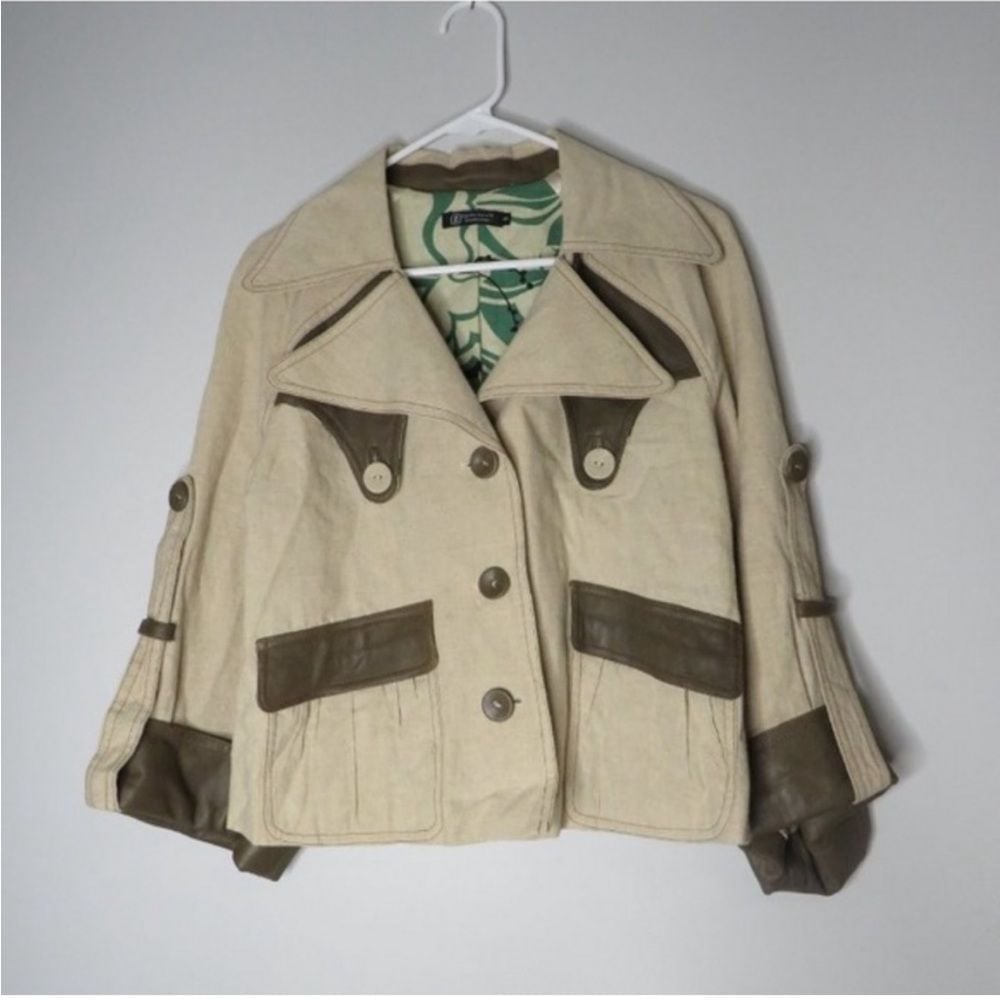 Hayden-Harnett Nora Button down Short Jacket sz S Linen with leather trim