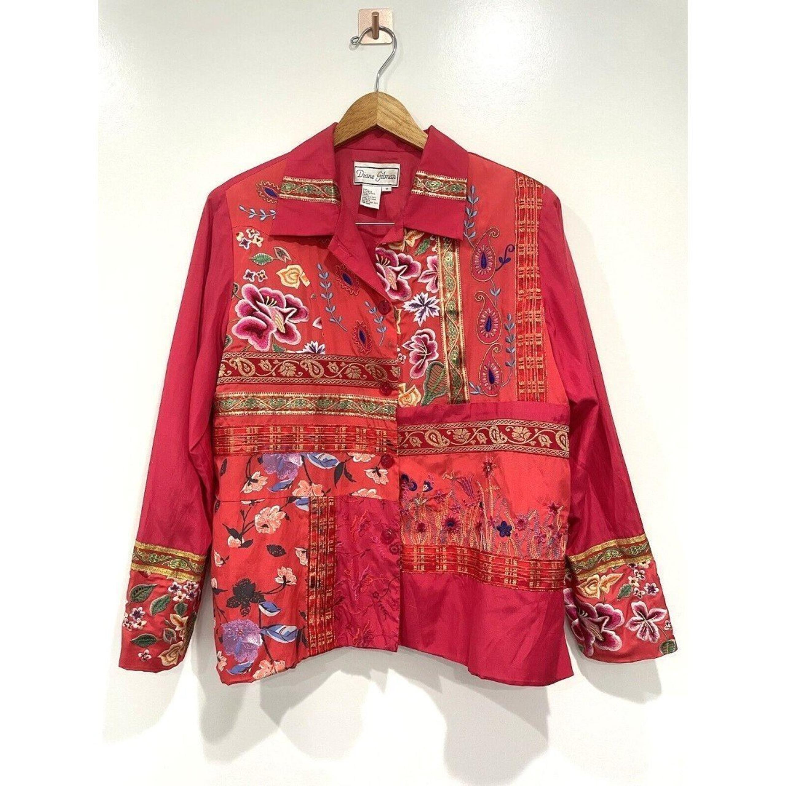 Diane Gilman Silk Floral Tunic Jacket Embroidered Embellished Pink Size M