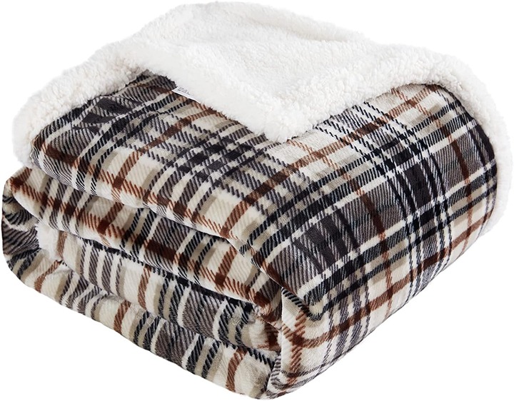 Sherpa Plaid Throw Blanket, Fuzzy Fluffy Cozy Soft Blanket 60 X 70