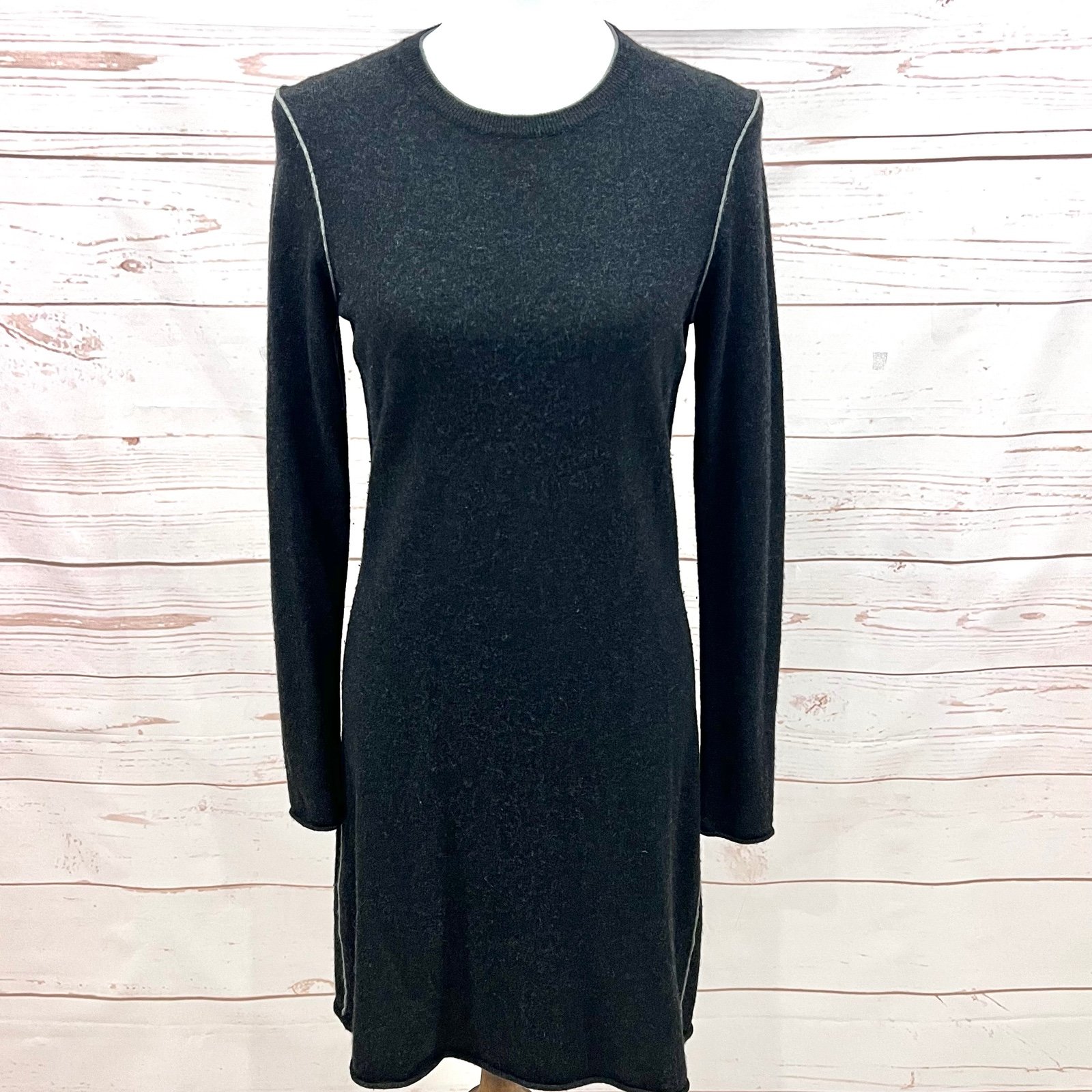 Magaschoni Long Sleeve Grey Cashmere Sweater Dress w Piping Trim