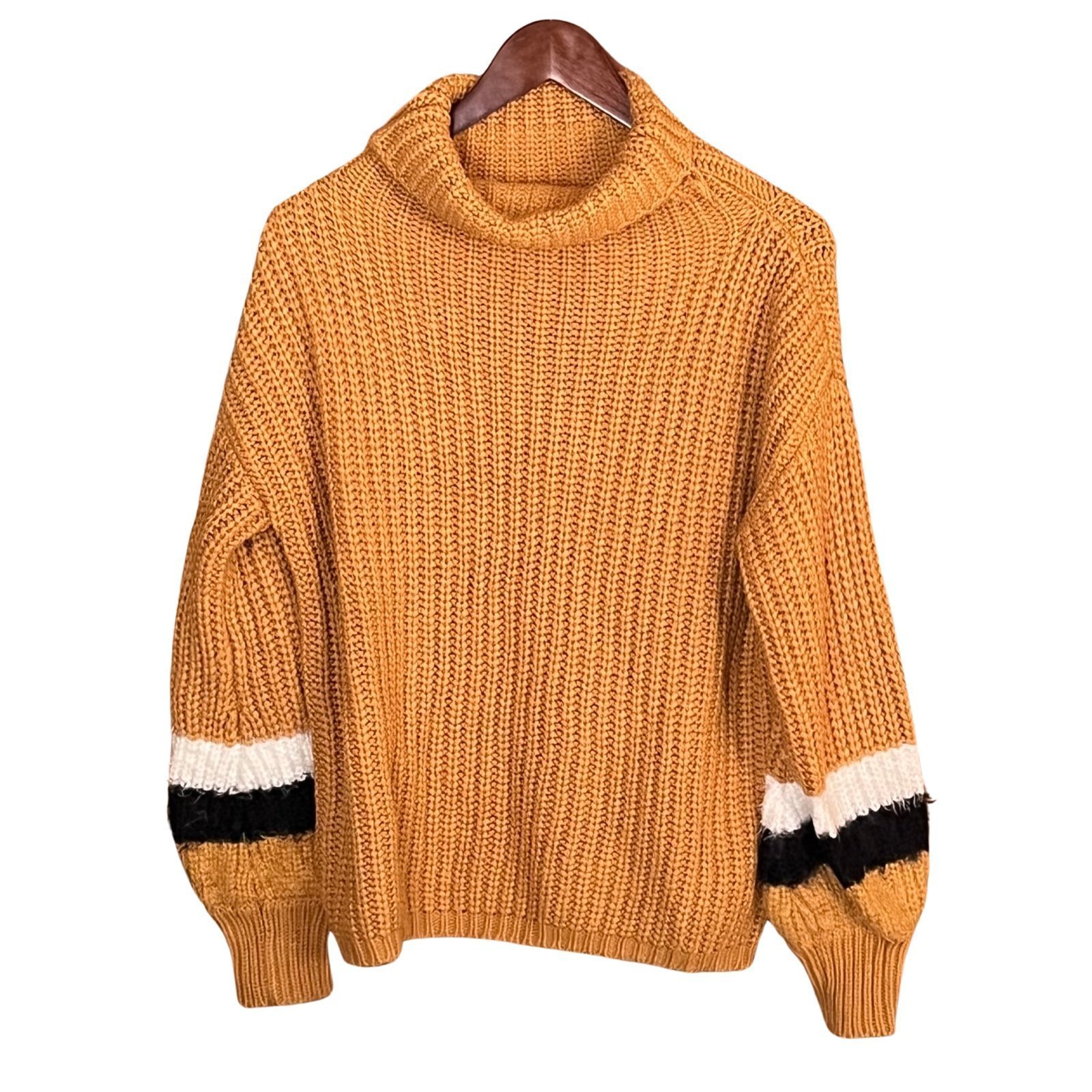 Alice Blue Golden Sweater - Medium, Loose Turtleneck with Striped Cuffs