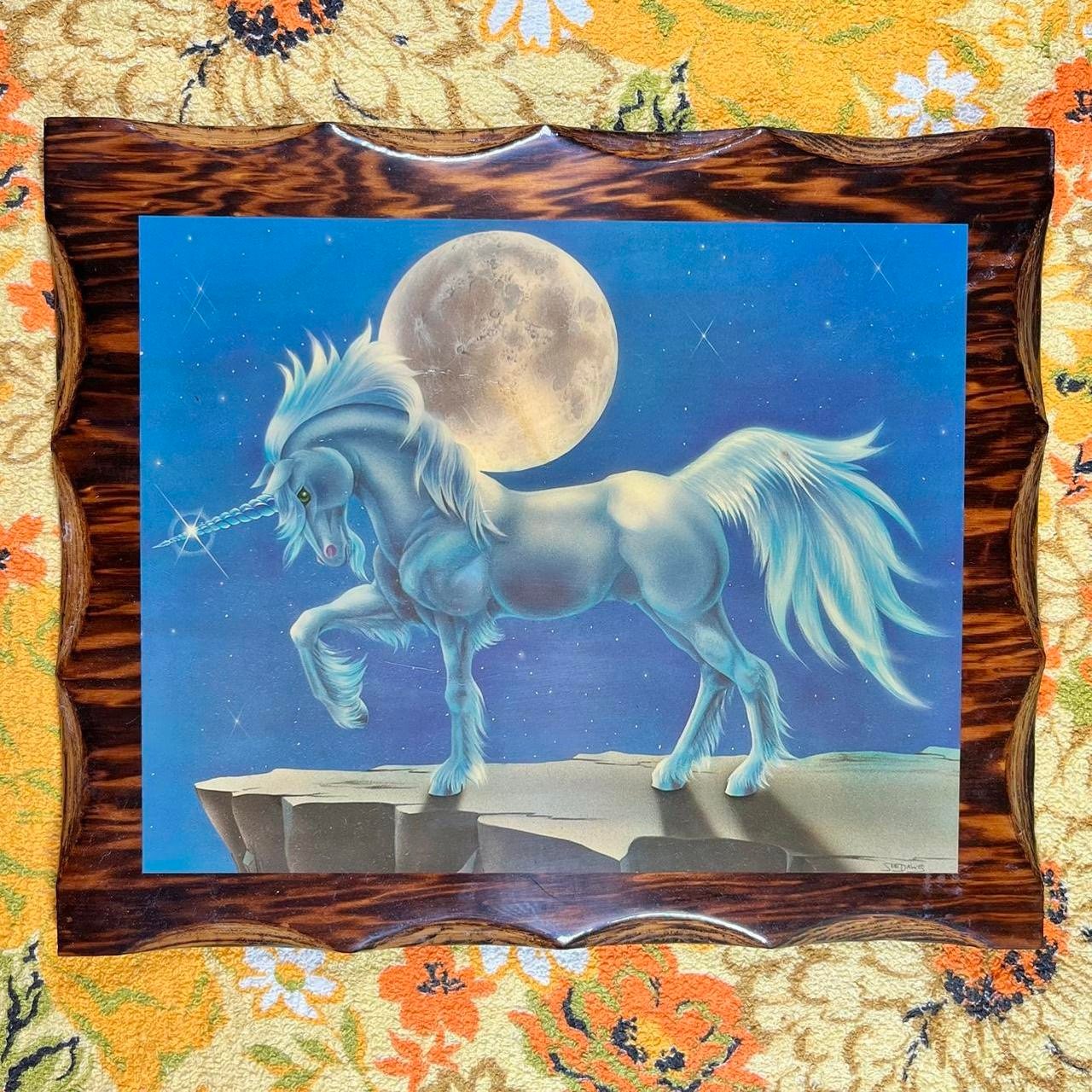 Vintage 80s wooden unicorn Sue Dawes wall hanging