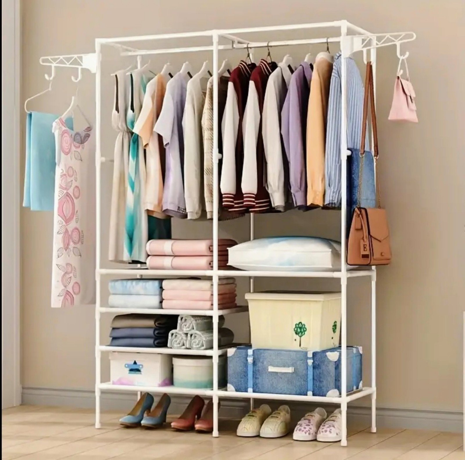 3-in-1 Freestanding Garment Rack with Storage Shelves & 360° Rotatable Hooks