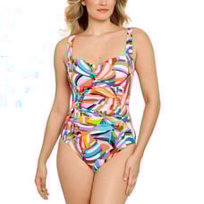 Swim Solutions PALM ART Shirred Tummy-Control One-Piece Swimsuit Size 10 Pink