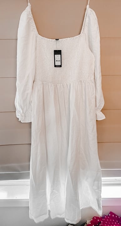 New Look LS White Shirred Bodice Long Sleeve Midi Dress Size 16 NWT