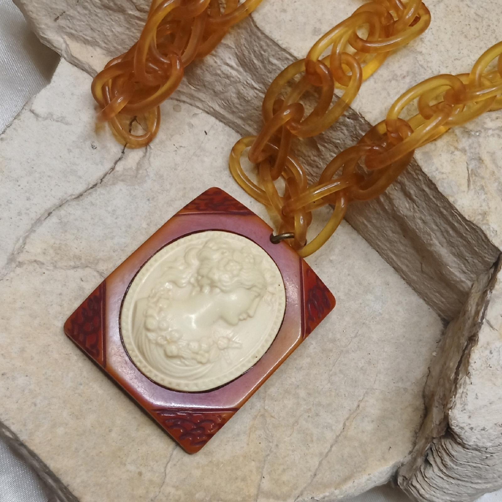 Antique Bakelite Cameo Pendant Necklace Chain