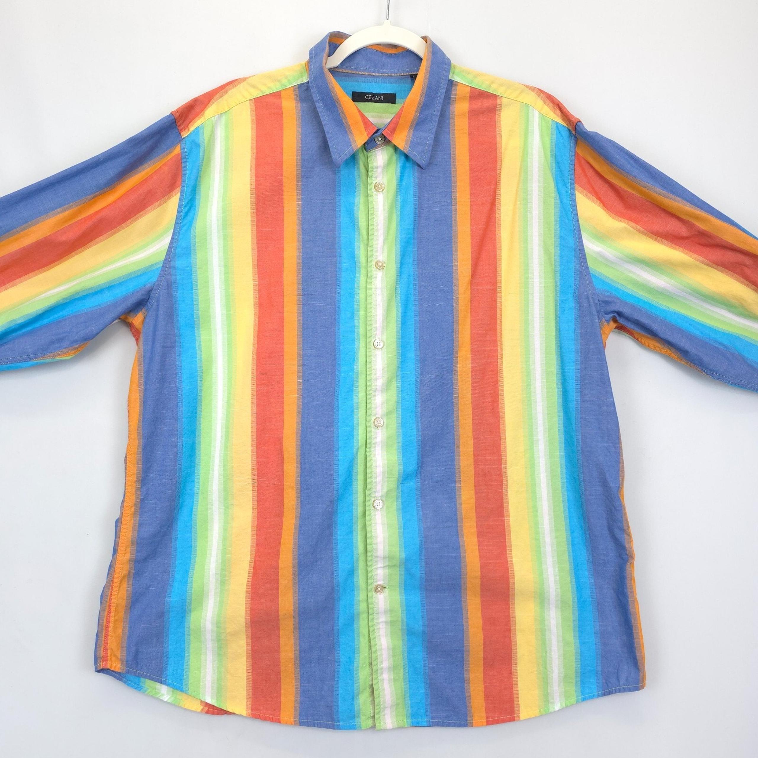 Cezani Button Up Shirt Men XL Multicolored Striped Rainbow Cotton Long Sleeve