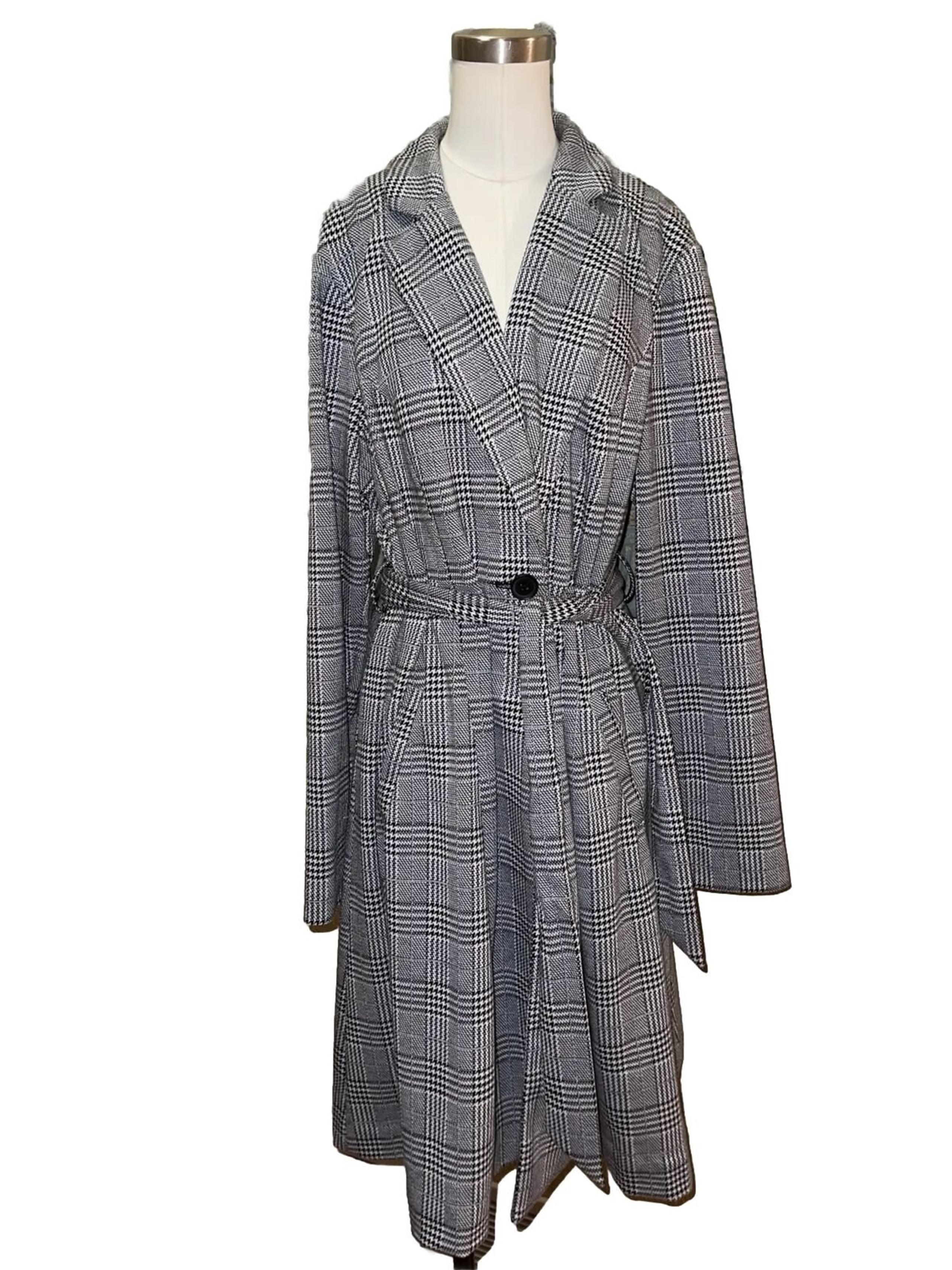 Torrid 2 Black White Textured Plaid Long Blazer Trench Coat One Button Belted