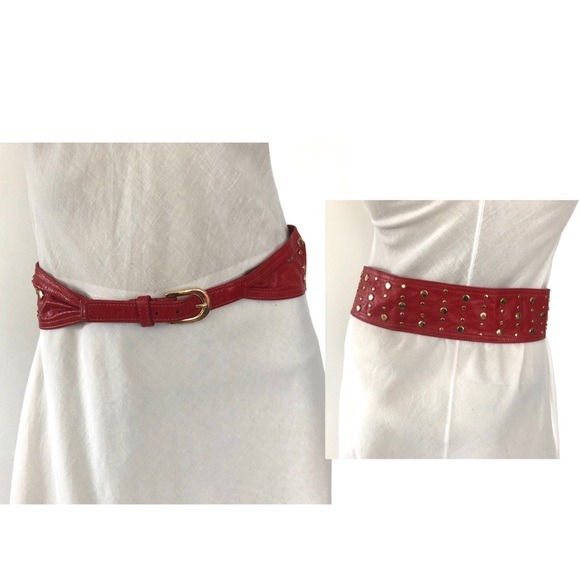 VINTAGE RED LEATHER BELT WITH GOLD STUDS