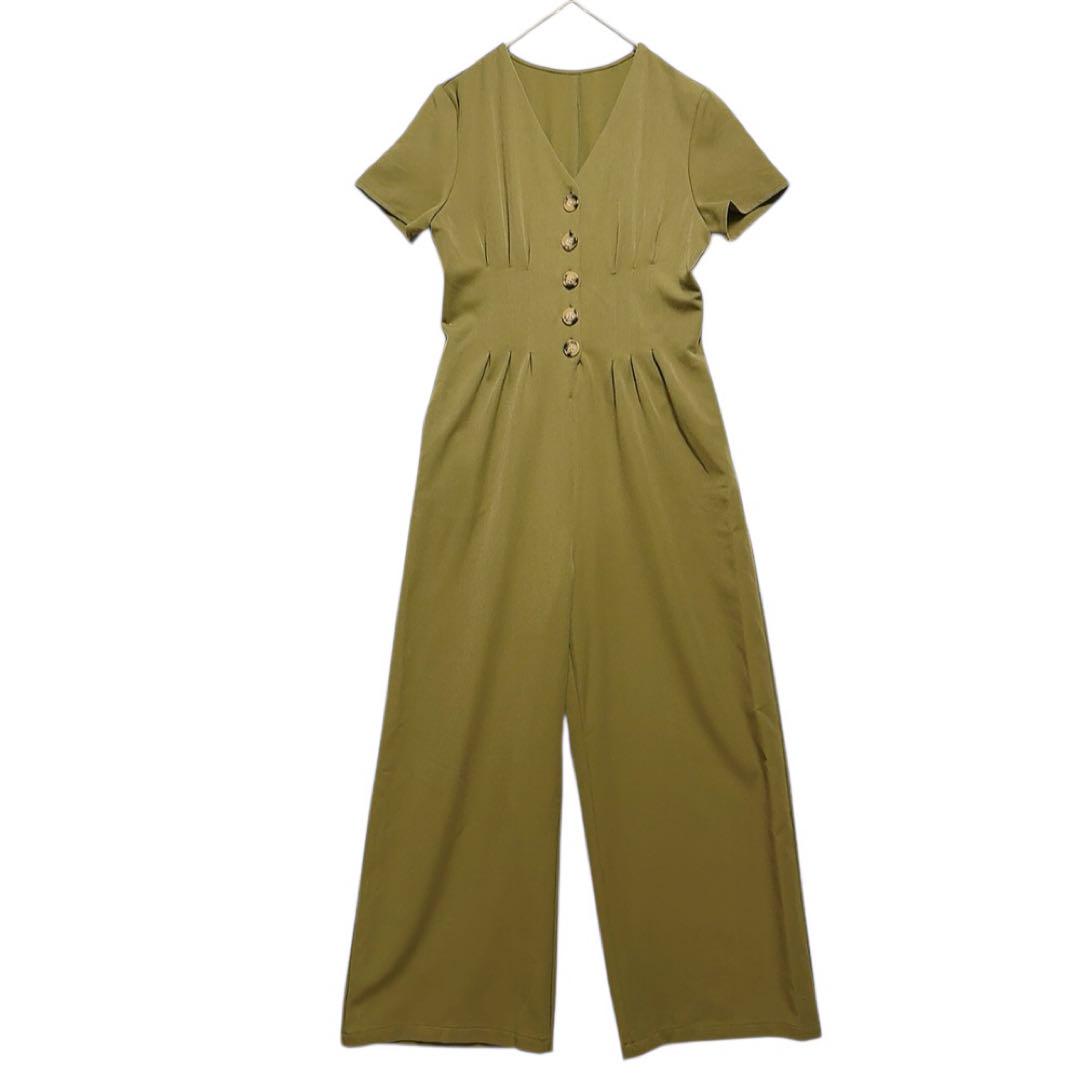 【Yours】 V-Neck Jumpsuit (L) Shirring Shape