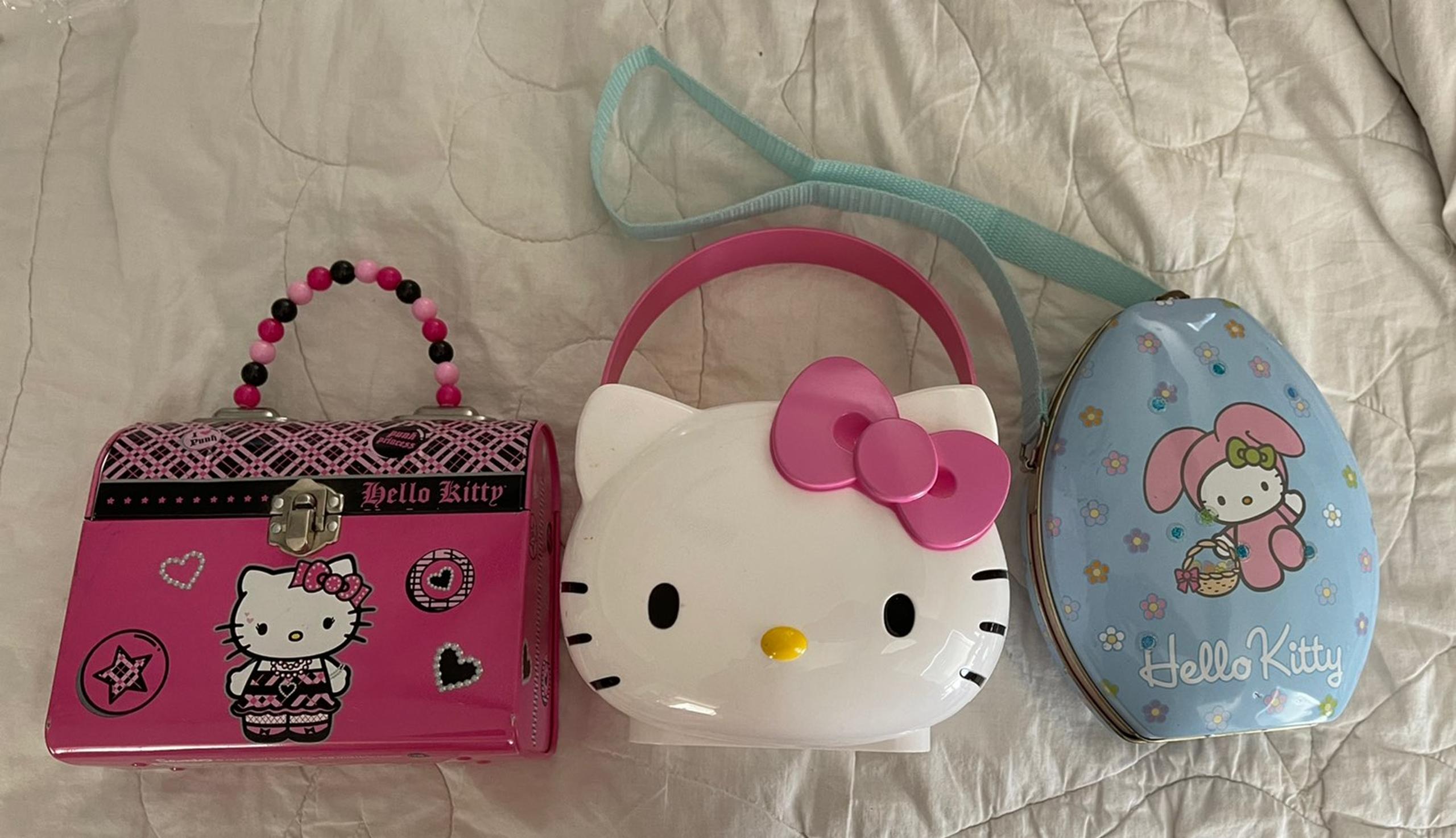 Hello Kitty Metal Easter Egg  & Box Purse Beaded Strap Blue Bunny Bucket Bag Lot