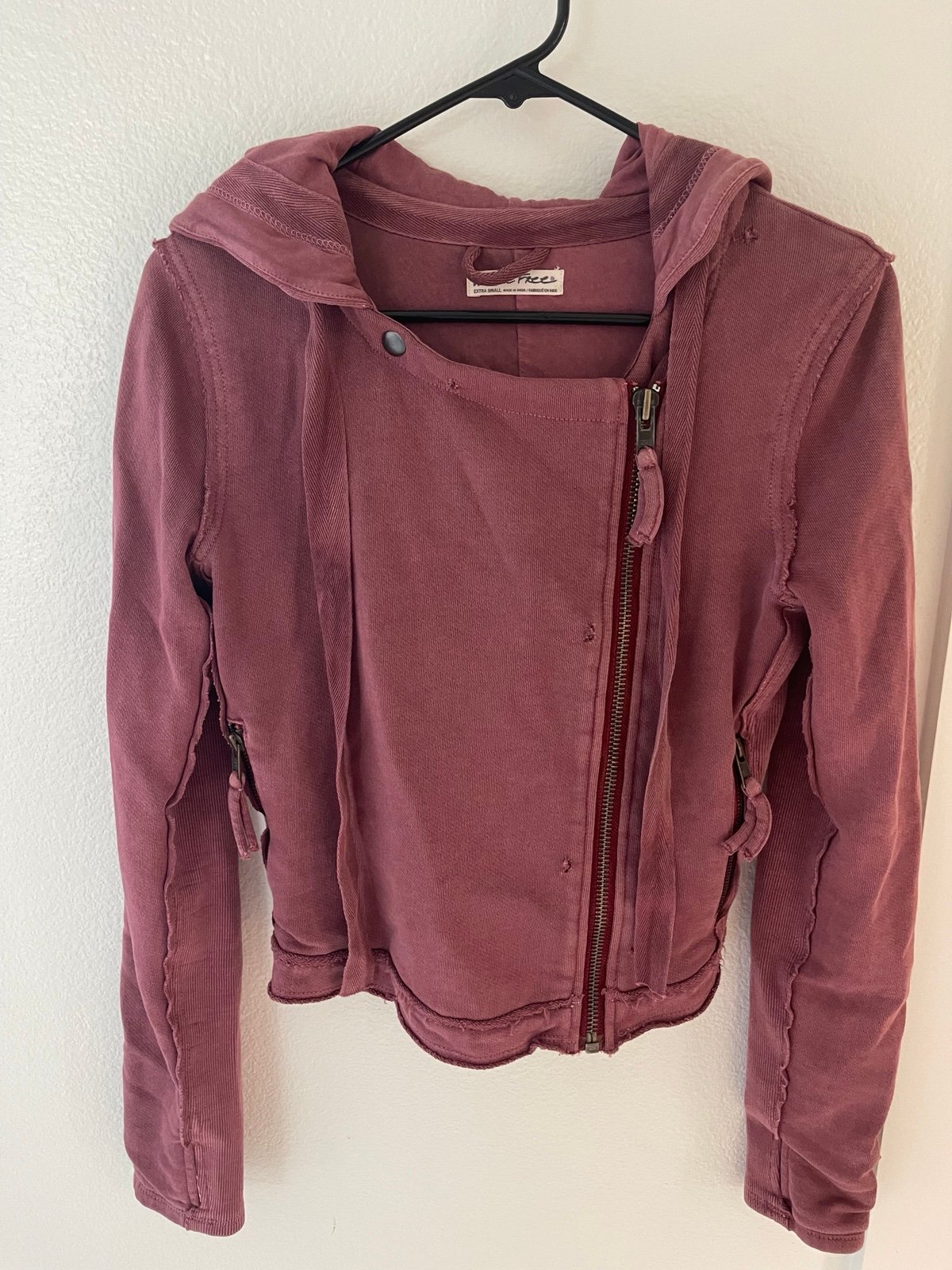 We The Free Knit Distressed Moto Jacket Size XS. Color Rosewood