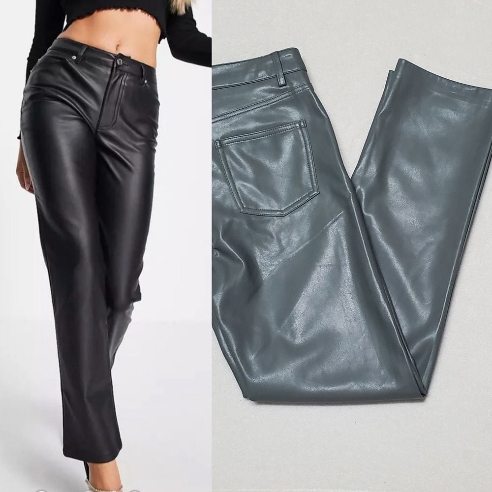 Shinestar Pewter Gray Faux Leather High Waisted Straight Leg Trouser Pants Small