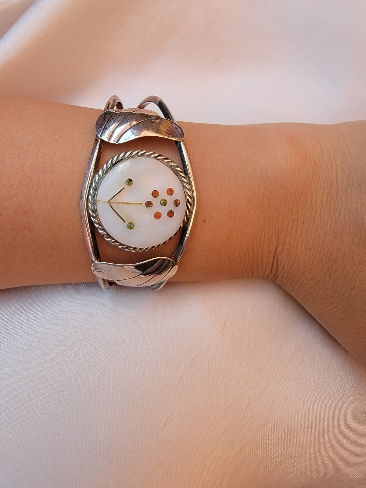 Mother of Pearl Inlay Sterling Silver Flower Cuff