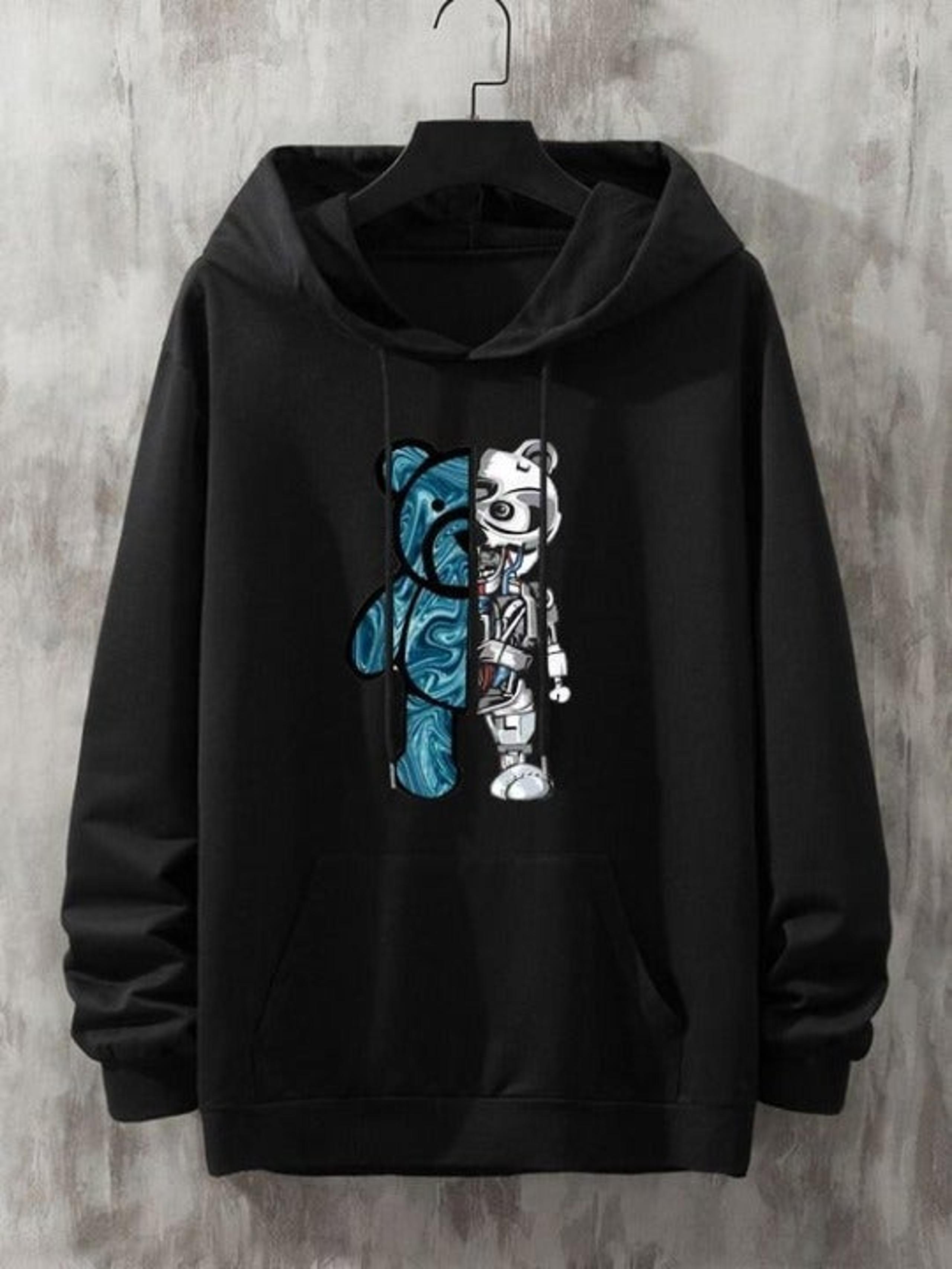 (S-5XL) Men Bear Print Kangaroo Pocket Drop Shoulder Drawstring Hoodie