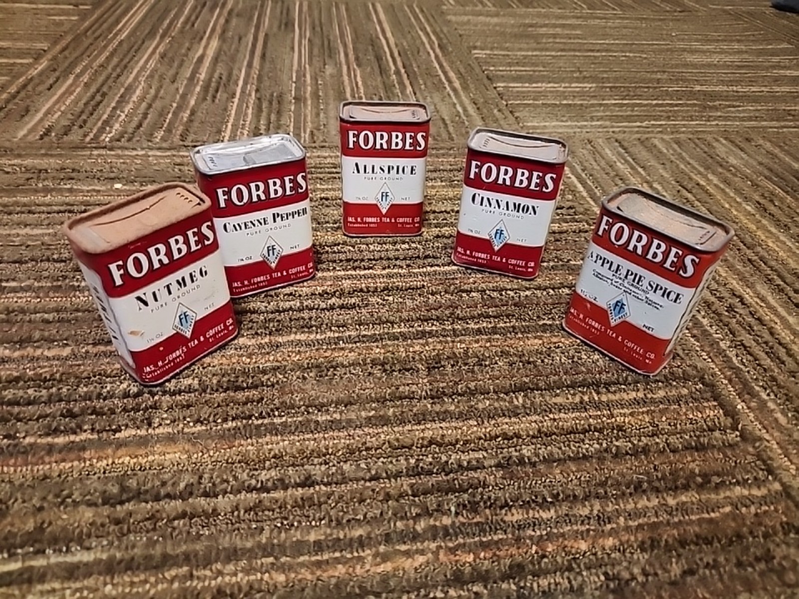 5X Lot Forbes Vtg Spice Tins Apple Pie Spice Allspice Nutmeg Cinnamon Cayenne