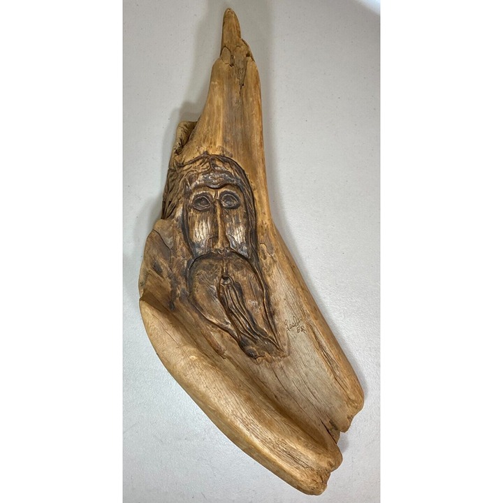 Driftwood Carved Tree Spirit Face Wall Art Signed Jack Leslin 1982 Folk Gnome