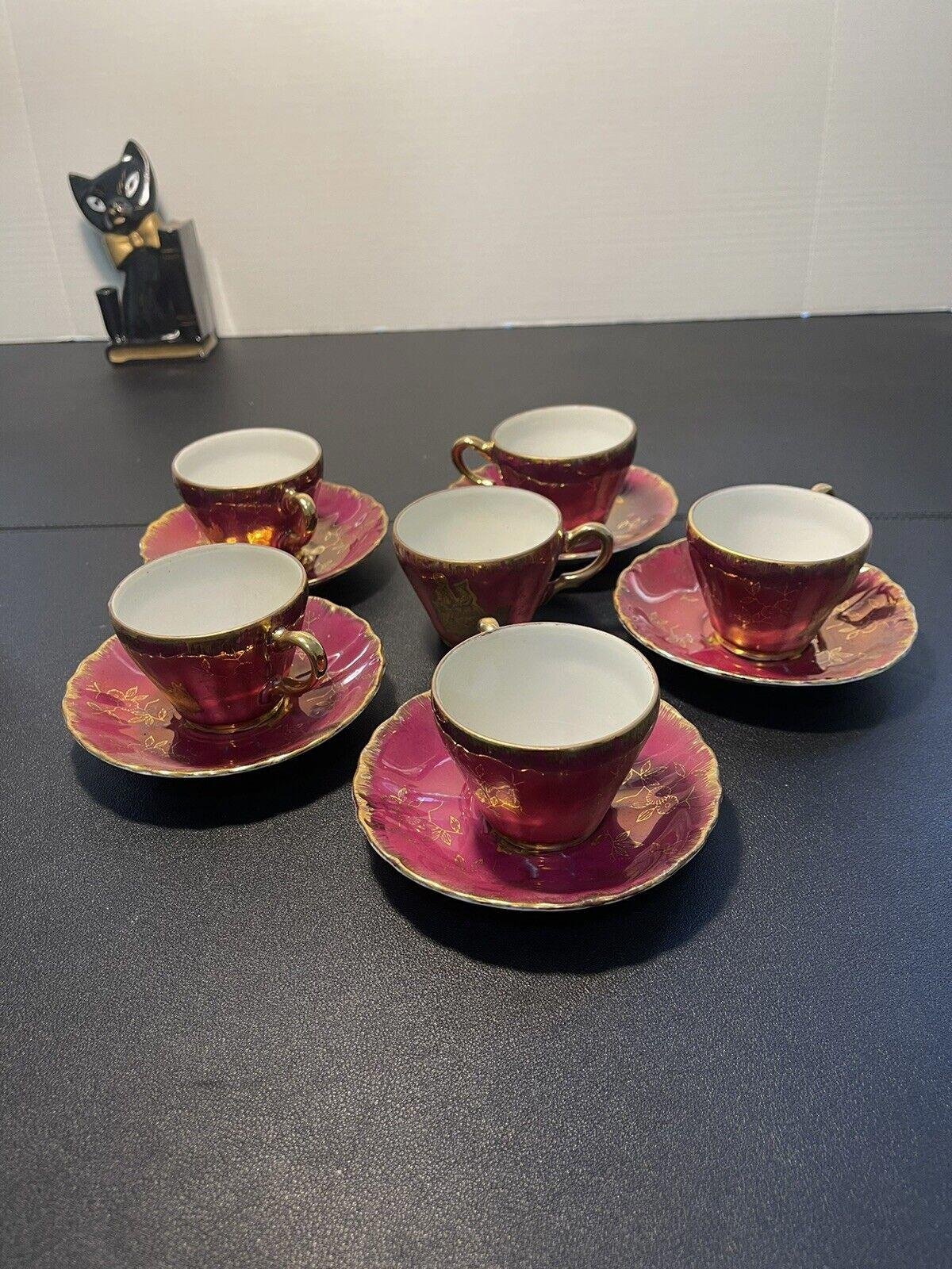 Arnart Imports Japan Vintage 1960s Raspberry Gold Trim 5 Cups 6 Saucers