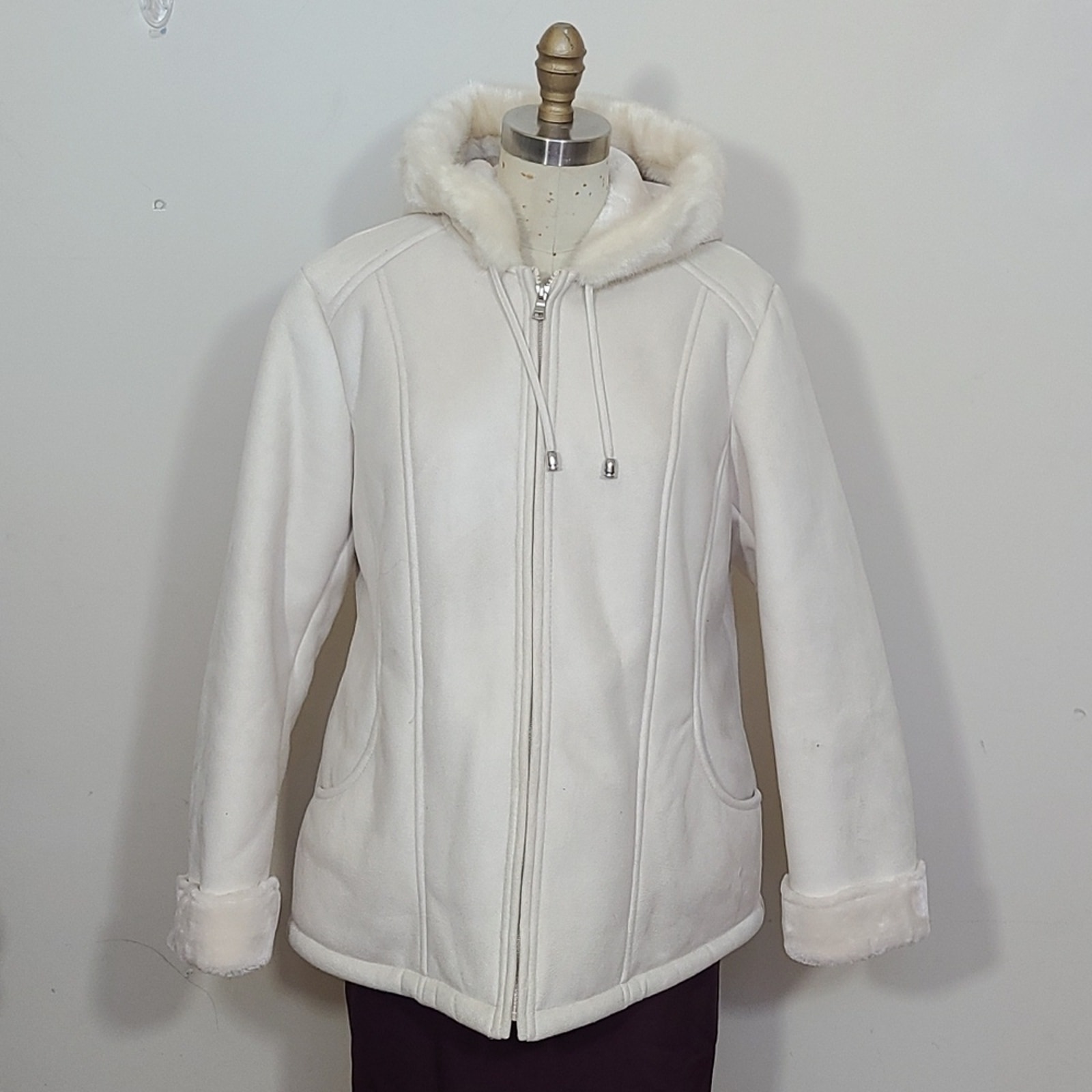 Coldwater Creek Faux Fur Hooded Full Zip Coat Ivory Size L