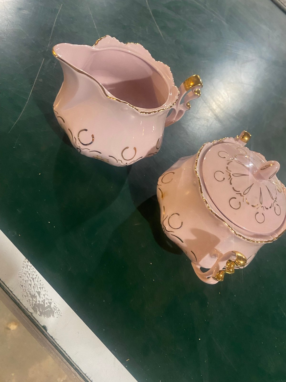 Pink Porcelain Tea, Sugar Bowl And Milk Jug Hand Painted With 24k Gold