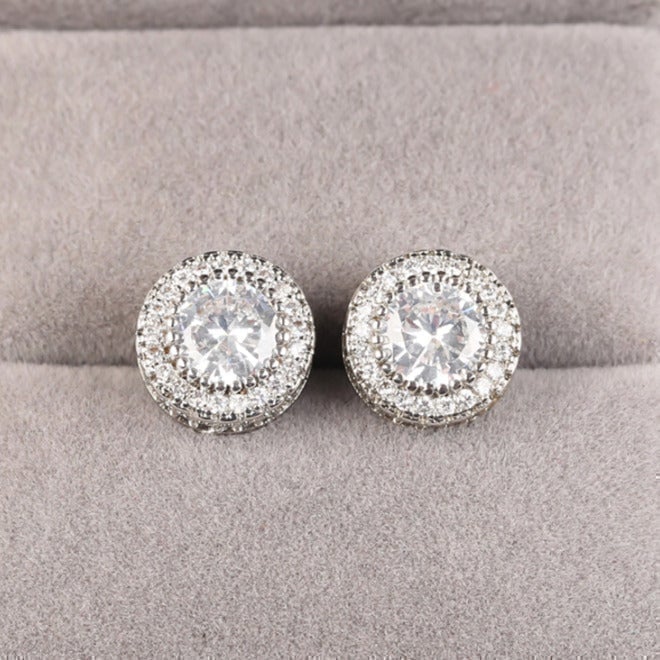 2ct Diamond Womens Round Stud Earrings 18K White Gold Ladies Trendy Style Silver