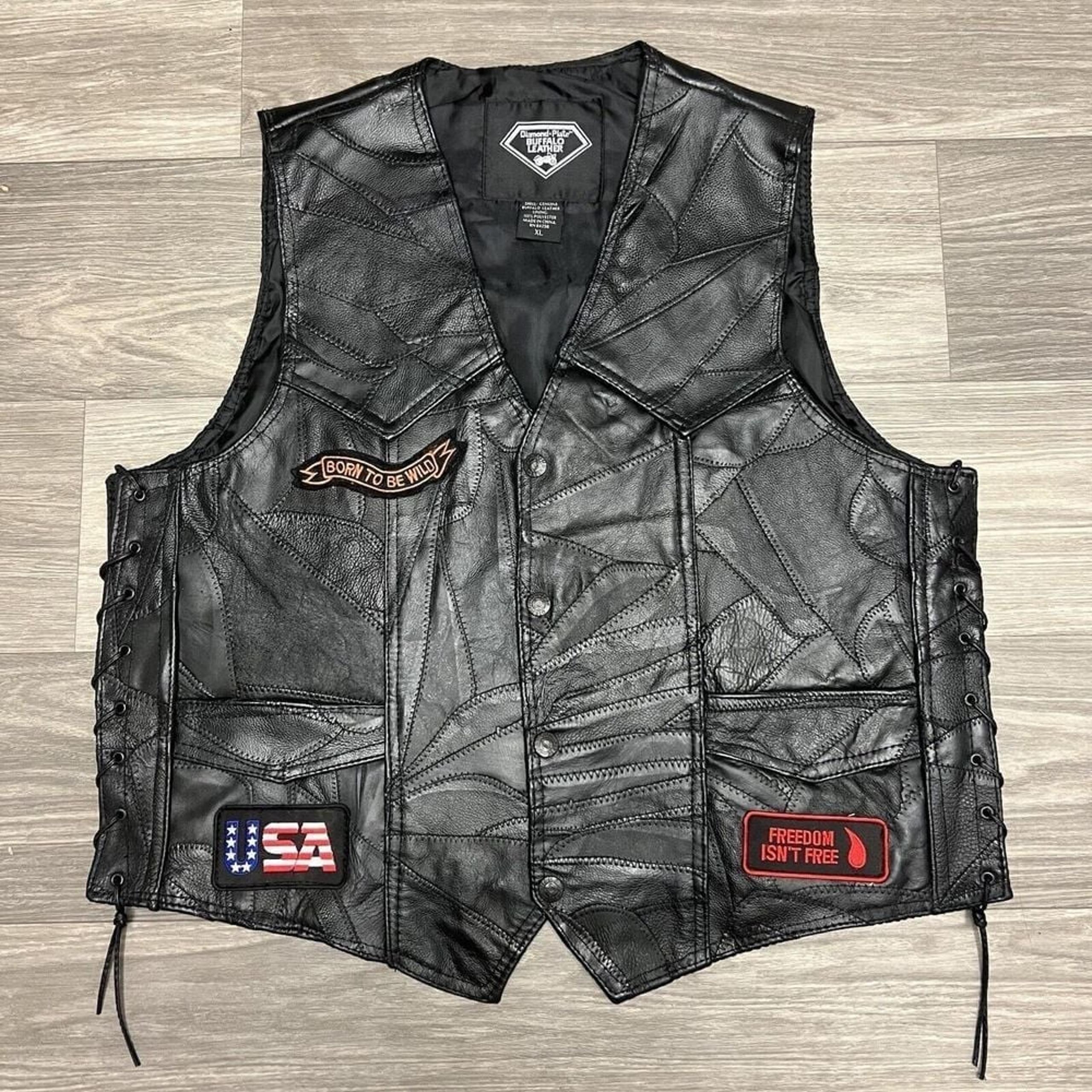 Leather Biker Vest Men Extra Large Black Chooper Patch Reptile Croc Style LaceUp