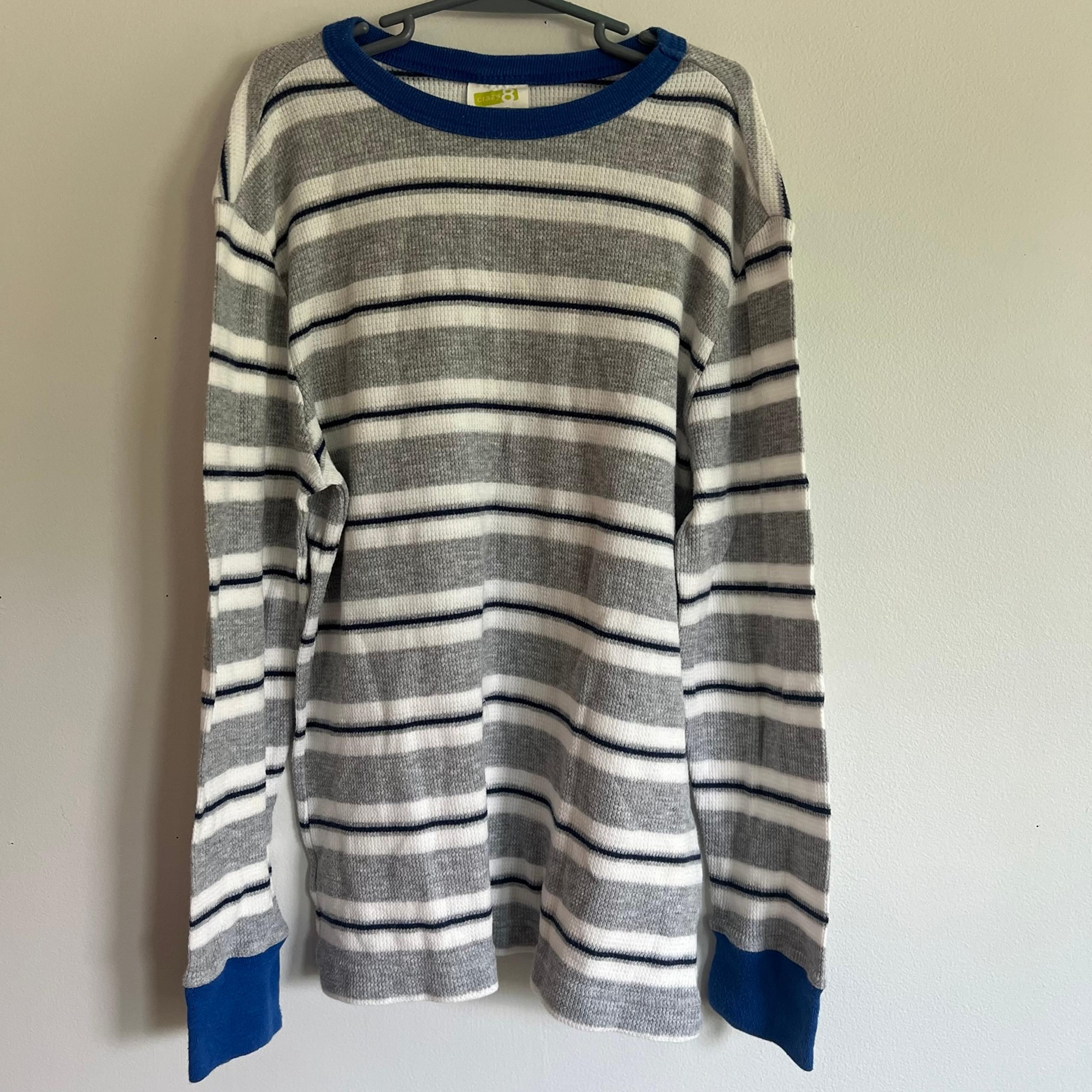 Boys long sleeve grey and blue striped long sleeve shirt