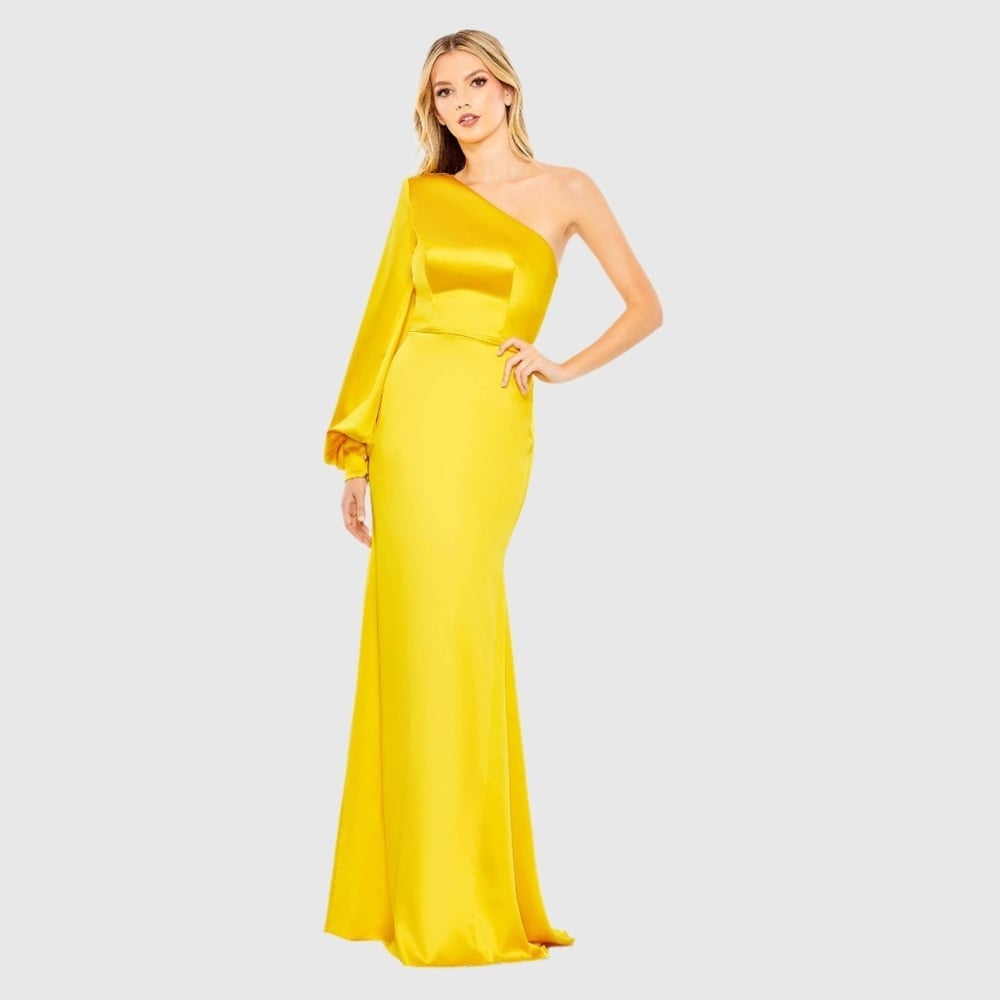 Size 12 IEENA FOR MAC DUGGAL 26712 NWT Yellow One Shoulder Bishop Sleeve Trump