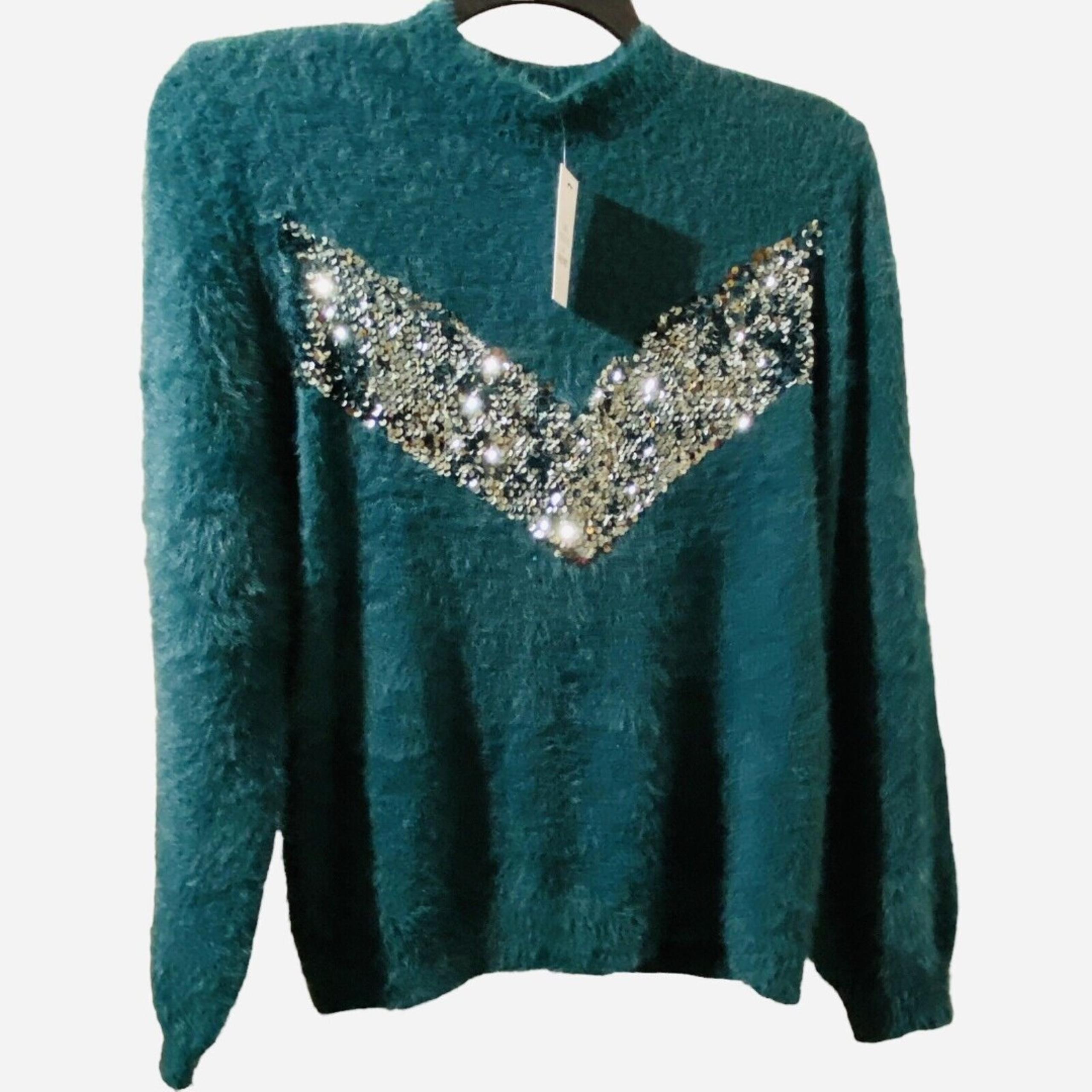 NEW Cara Santana x Nine West Chevron Sequin Sweater Emerald Green Women/Men XXL