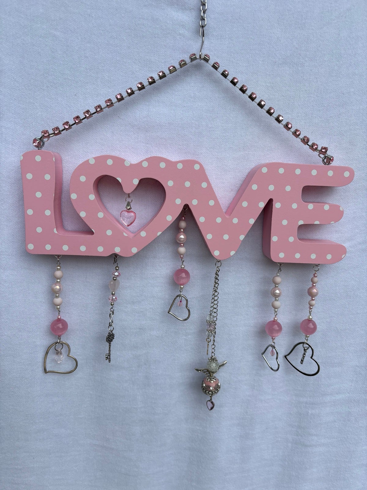 Pink Polkadot Love Sign with Beads and Hearts and Angel an Cross