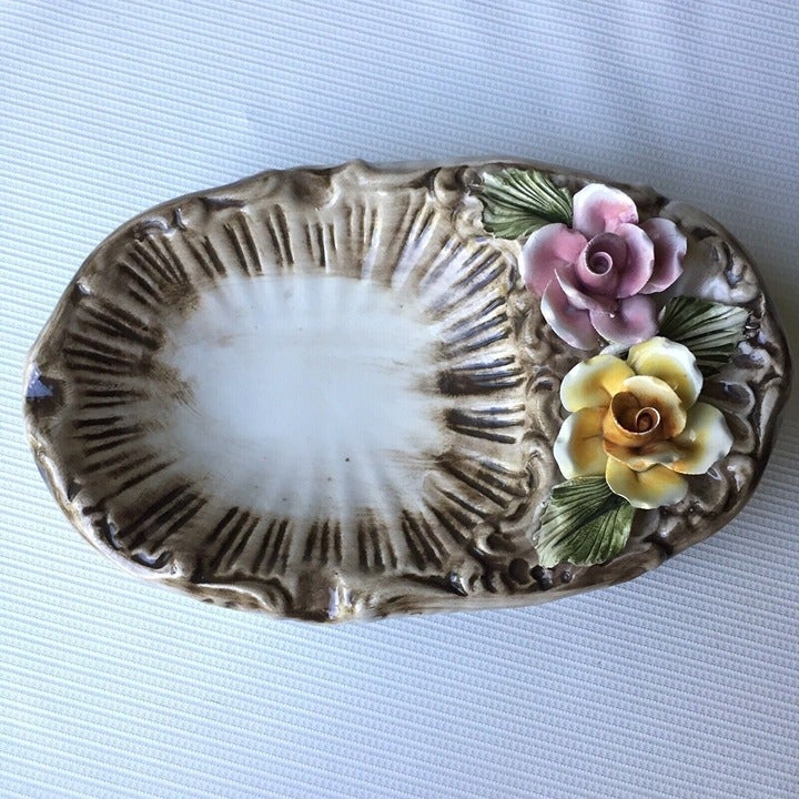 Capodimonte Italy Porcelain Floral Soap Dish Trinket Plate Basket Weave Pattern