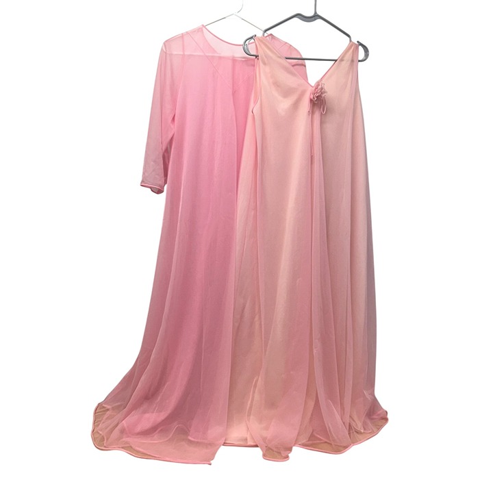 Vtg Hollywood Vasserette Romantic Peignoir Set Pink Maxi Nightgown & Robe Sz Med