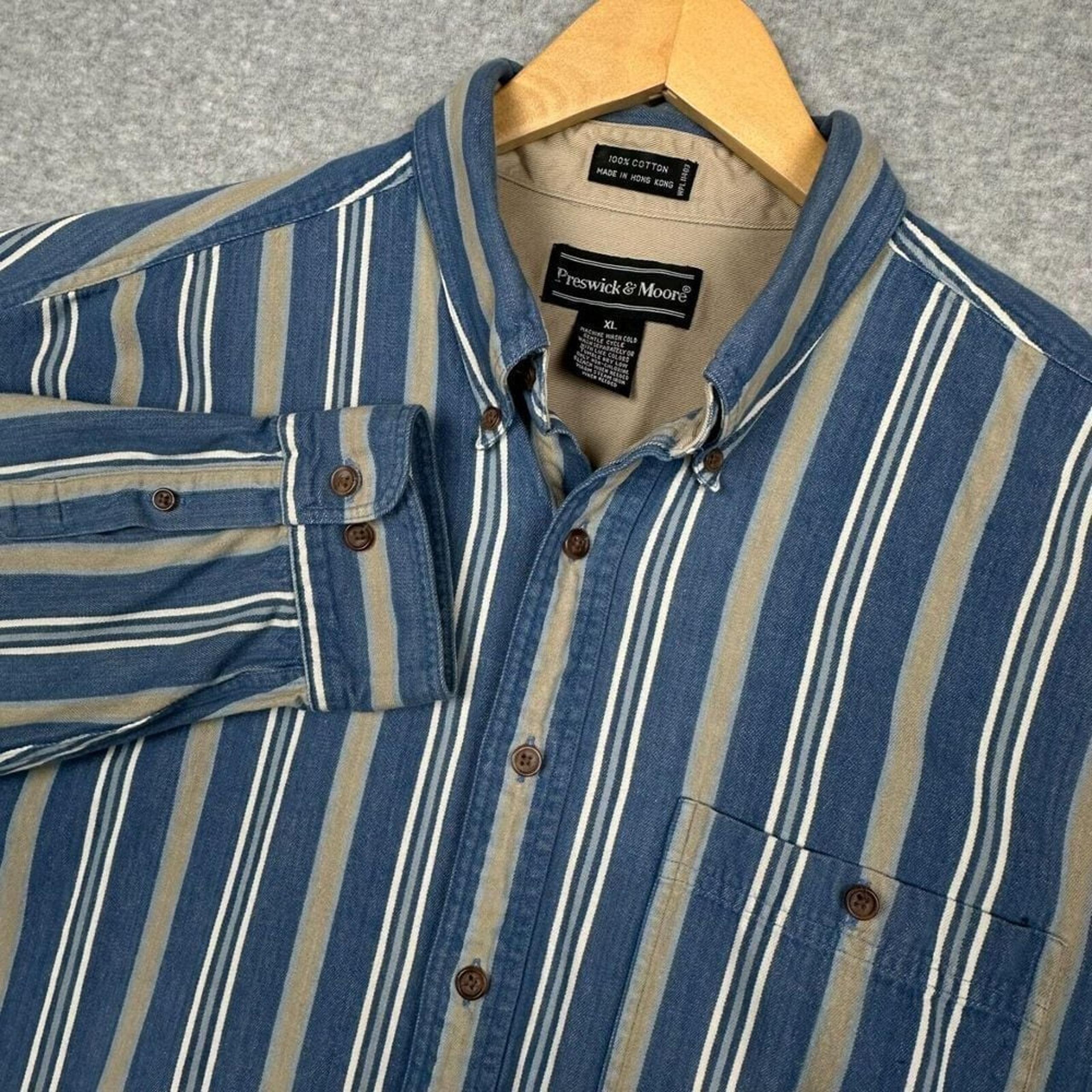 VTG Western Denim Shirt Mens XL Blue LS Button Vertical Stripes - Preswick & Moore