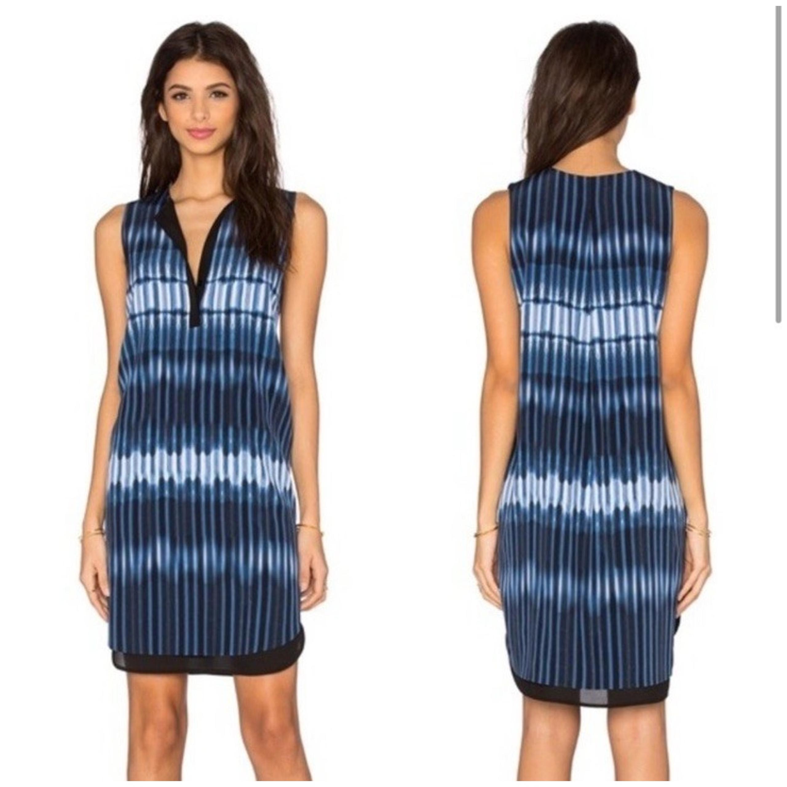 Vince 100% Silk Blue Black Tie Die Layered Shift Dress Split Neckline Size XS