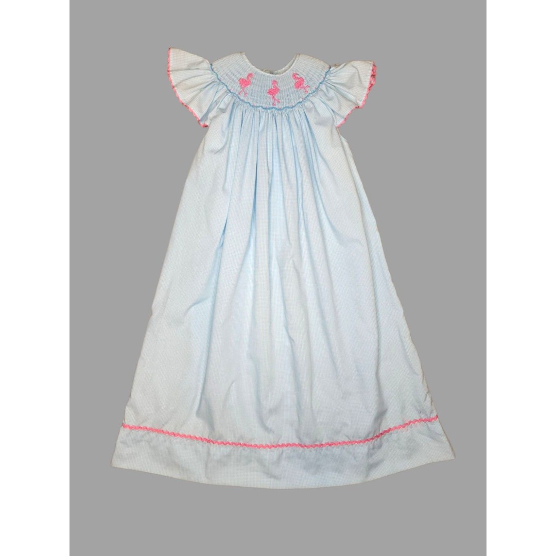 Two Scoops Girls Smocked Bishop Flamingo Embroidered Size 6 Blue Gingham EASTER