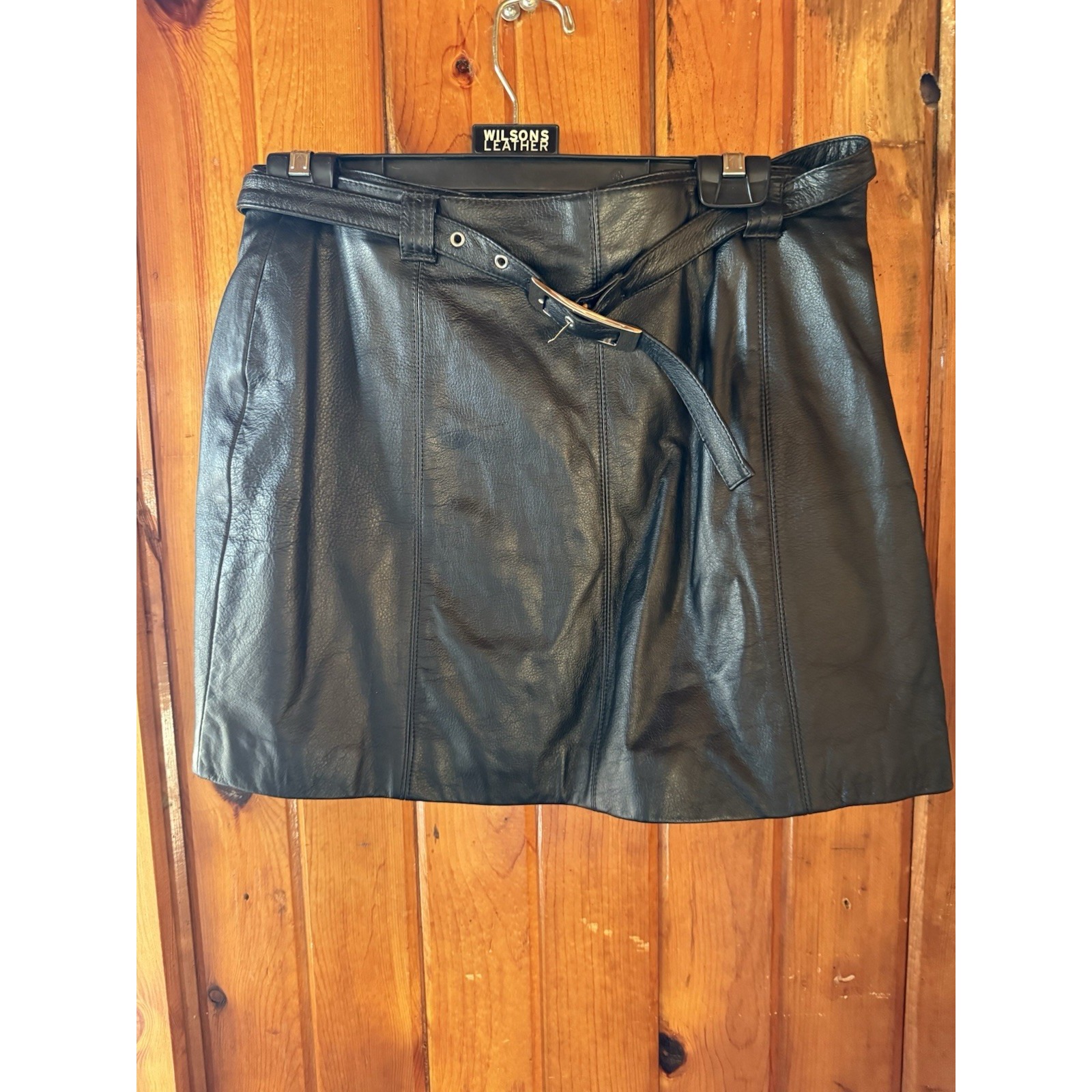Wilsons Leather Maxima Vintage Belted Mini Skirt Size 14 Black 90s Y2K Grunge