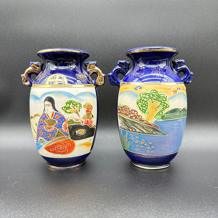 Set of 2 Vintage Japanese Moriage Hand Painted Vase Double Handle Blue Cobalt