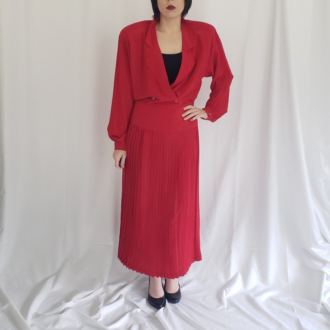 80s/90s Red Silk Skirt Set