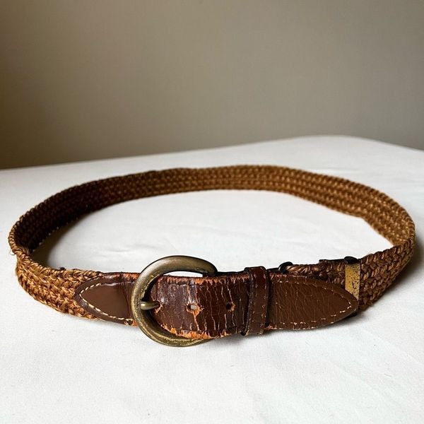 60s Vintage Woven Jute and Leather Belt With Solid Brass Buckle Boho Hippie 36