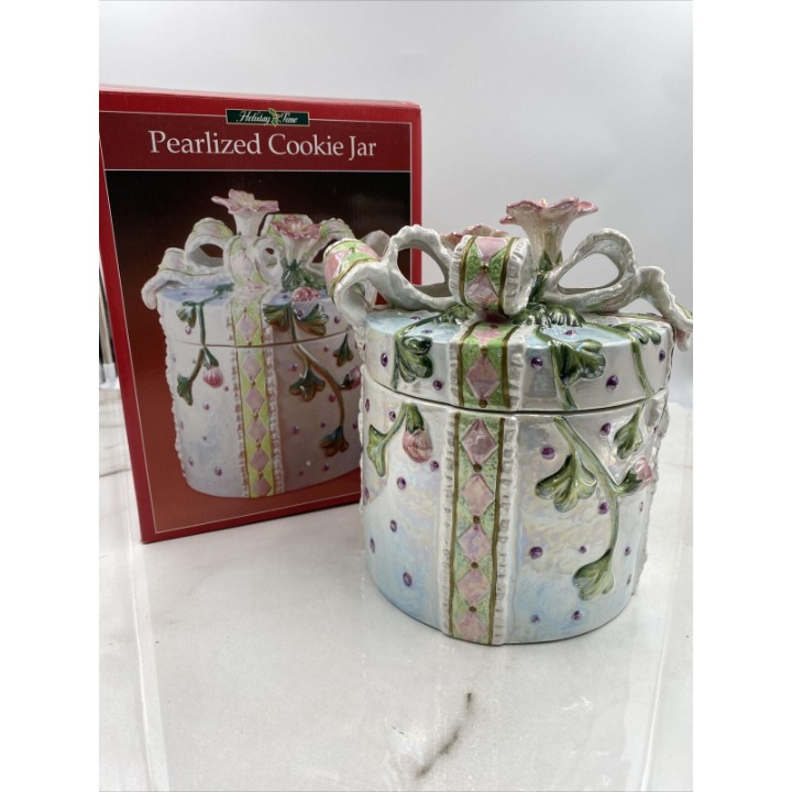 Holiday Time Pearlized Iridescent Ceramic Cookie Jar Floral and Ribbon 9" Tall
