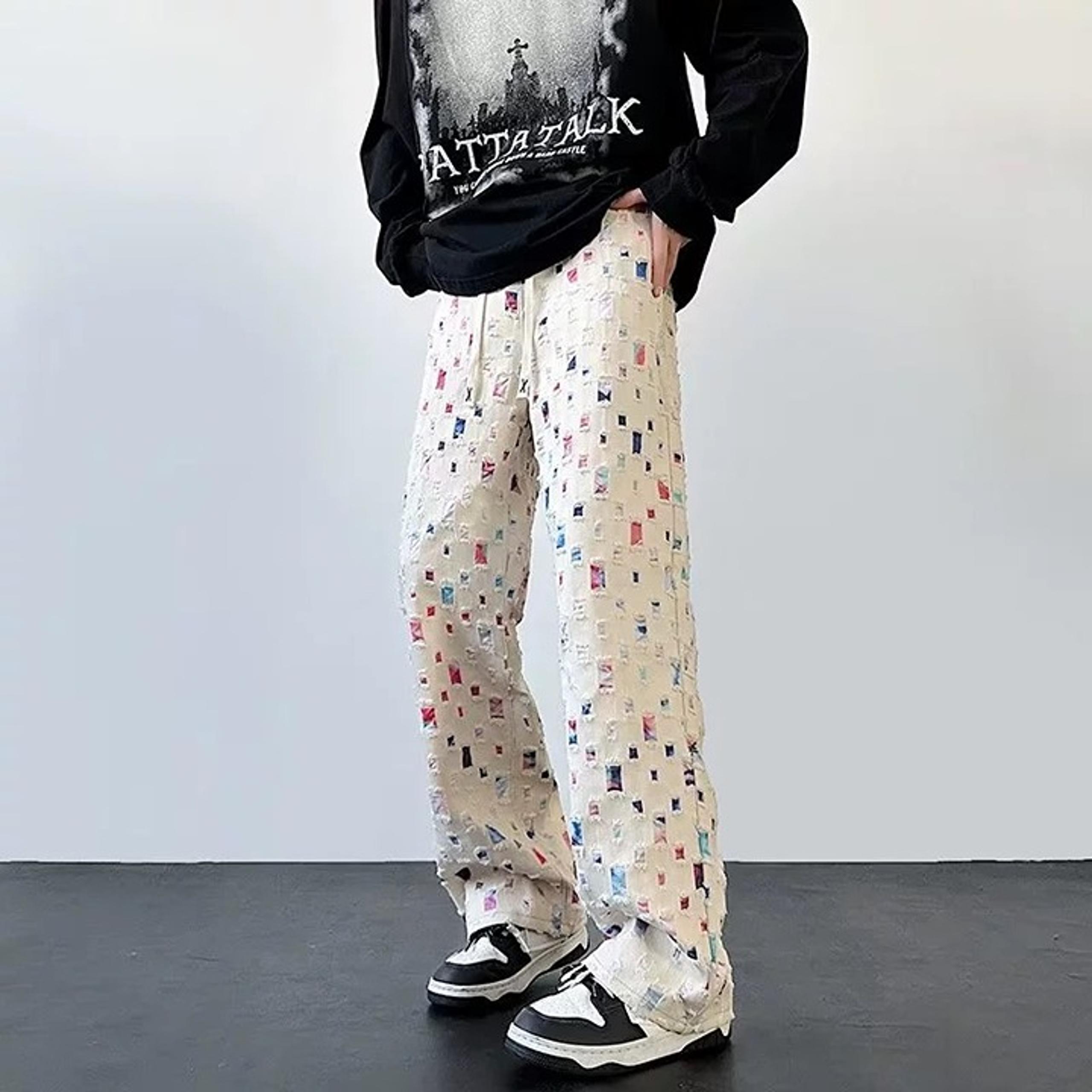 Men's Black & White Plaid Pants - Retro - Hollow Out Pants