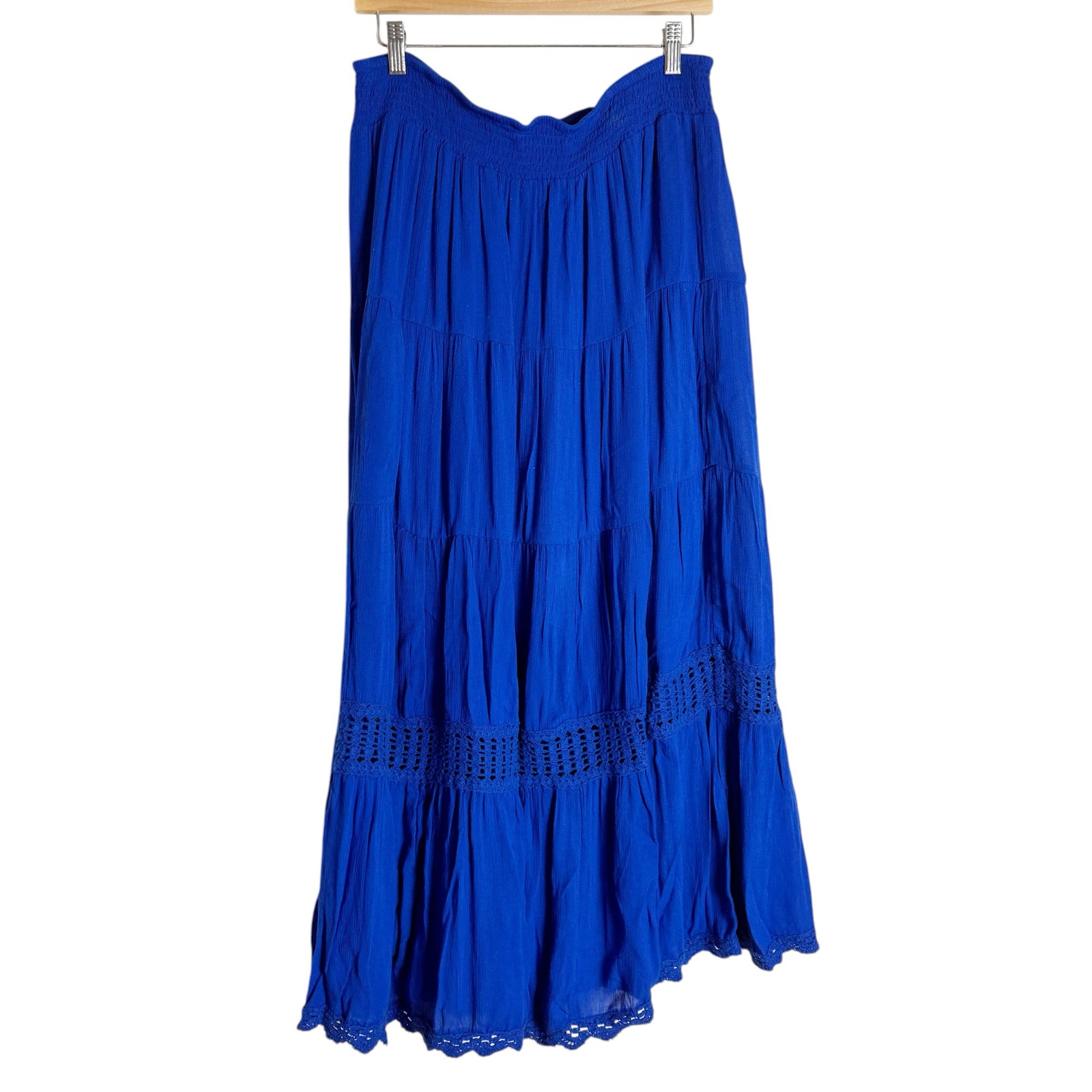 Chico’s Electric Blue Casey Crochet Inset Tiered Maxi Skirt Size 12