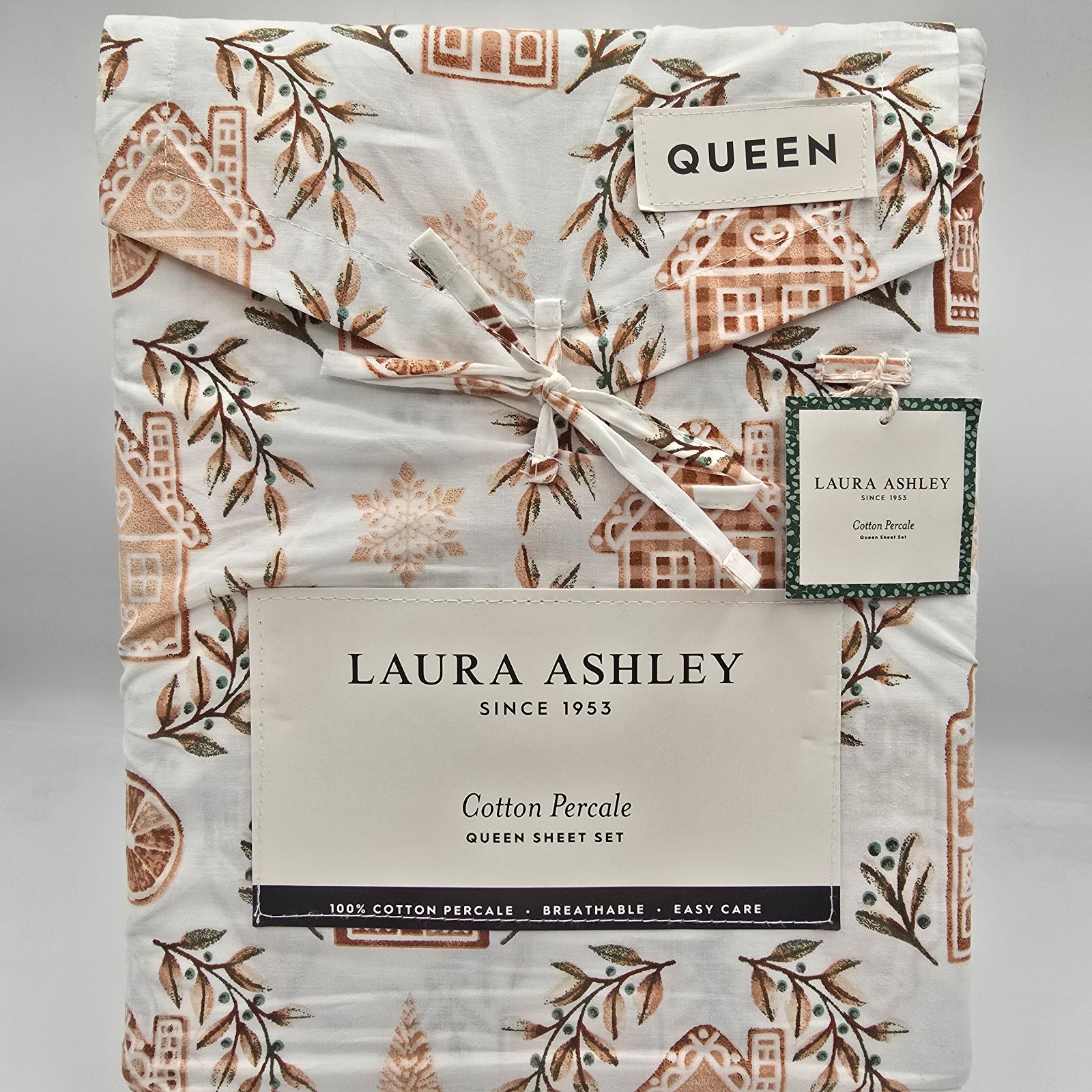 Laura Ashley Christmas Gingerbread House Queen Sheet Set Snowflake