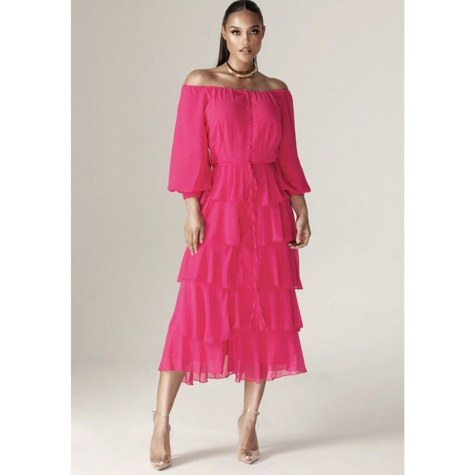 ALIEVA Pink Chiffon Tiered Off-Shoulder Ruffled Dorra Midi Dress Size Small