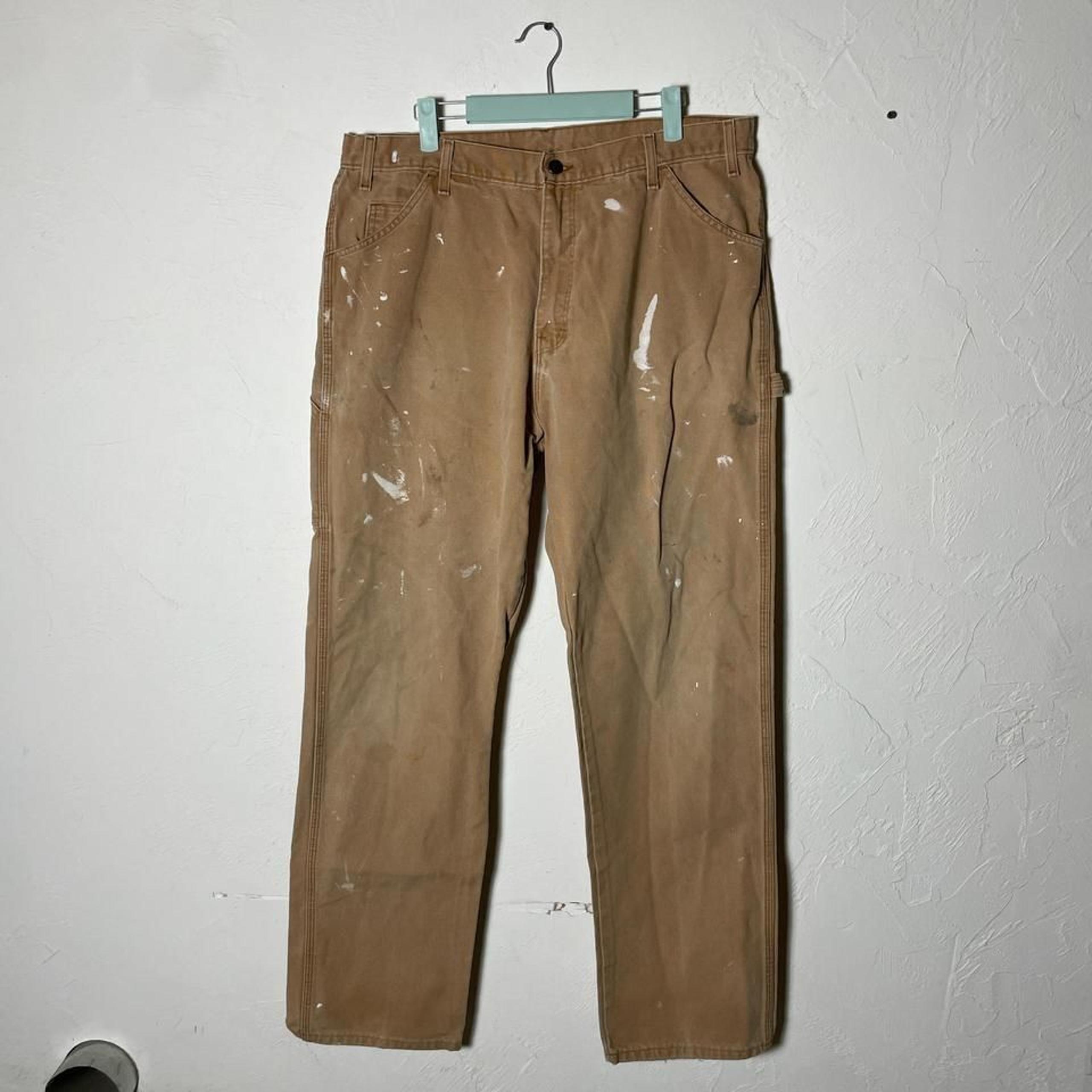y2k baggy tan skater dickies carpenter pants workwear paint splattered 37x33