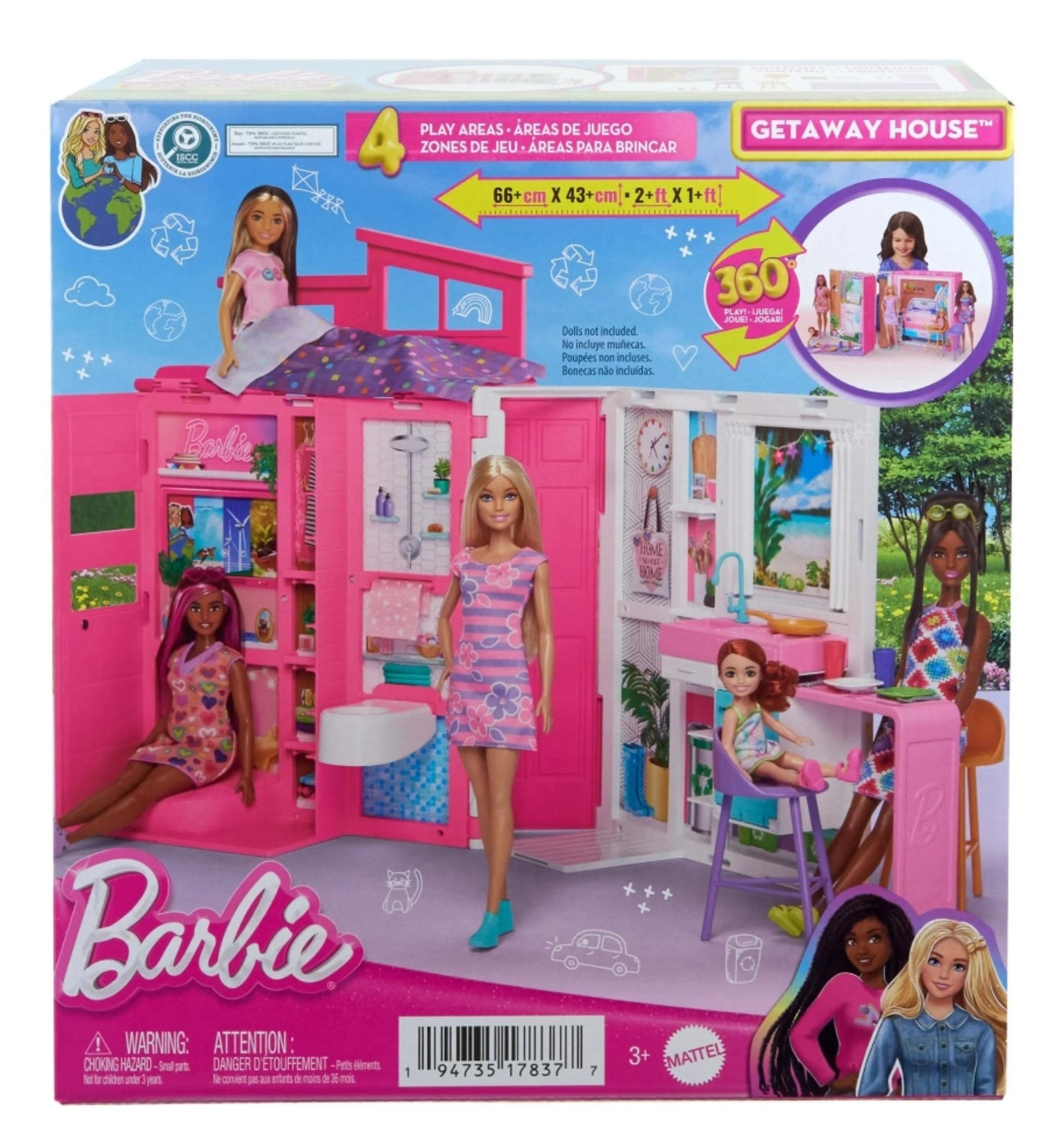 Barbie Getaway House, Doll House Playset with 4Play Areas, 2 Chairs,360-Play-NEW