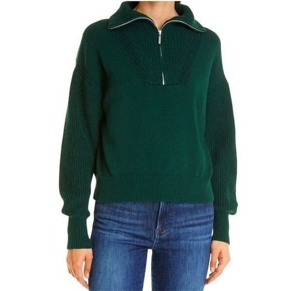 La Ligne Bastien Half Zip Sweater Olive Hunter Women Size Medium Cotton Preppy