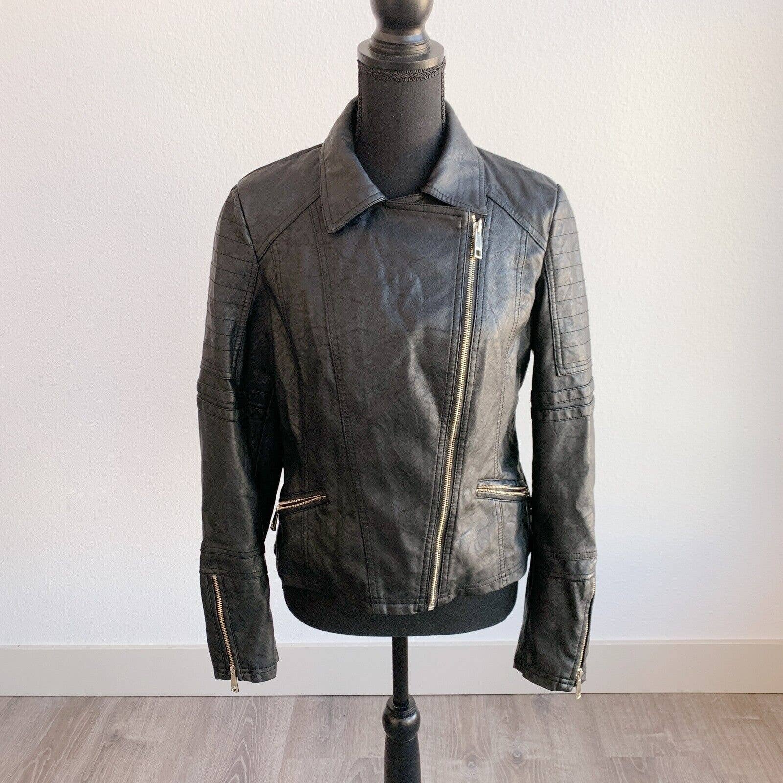 ANA A New Approach Black Faux Leather Moto Asymmetrical Zip Jacket Womens Medium