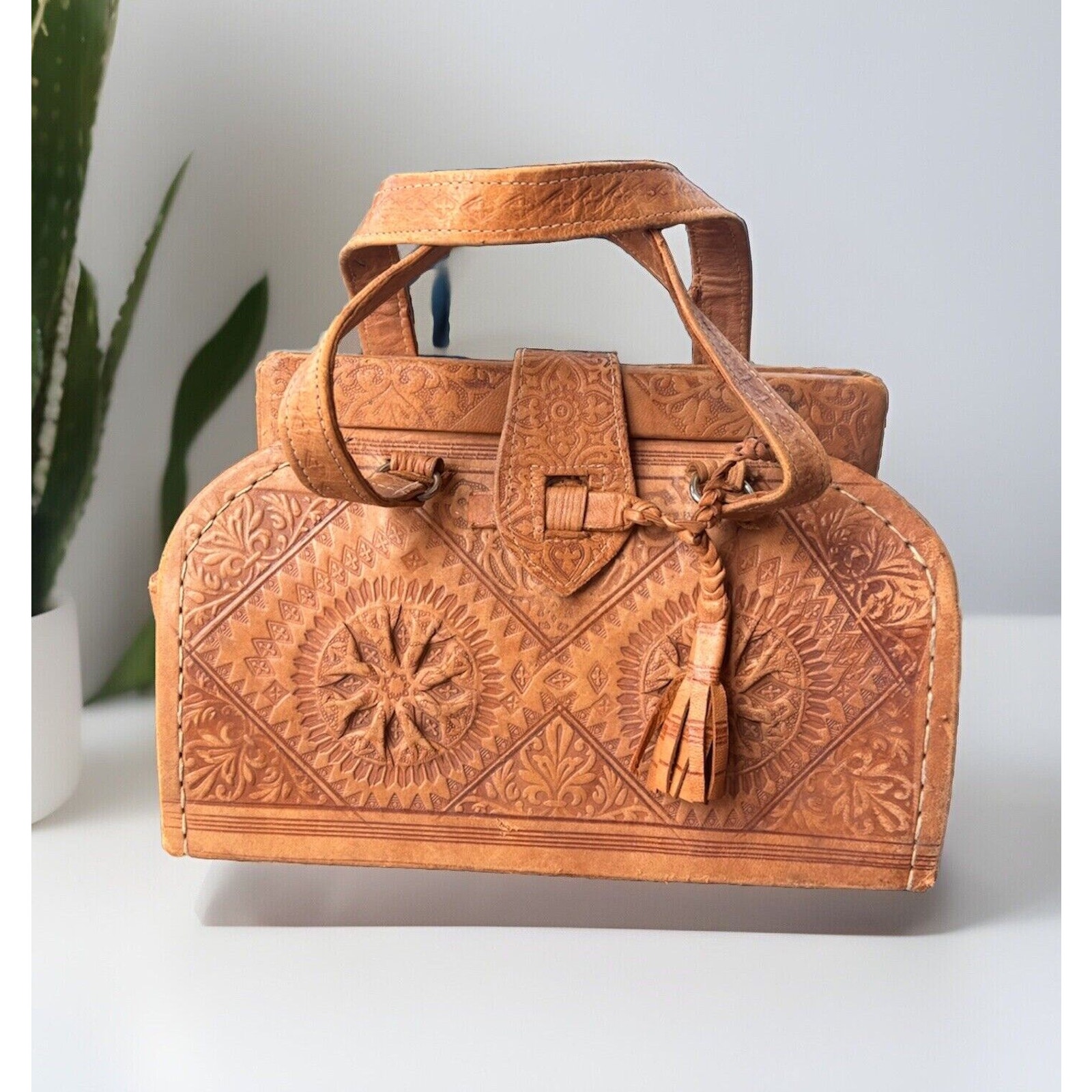 Handmade Ornate Leather Purse Satchel Bag Tan Boxy Structured